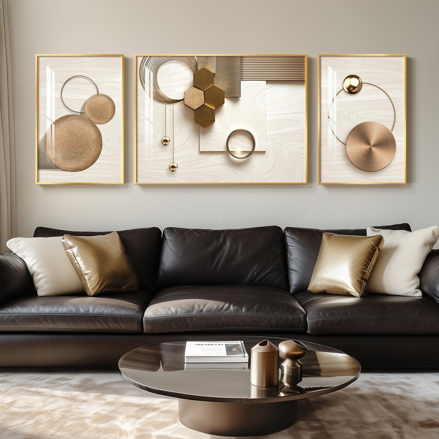 3-Piece 24×36" Gold Geometric Framed Wall Art Luxury Modern Decor for Living Room Office