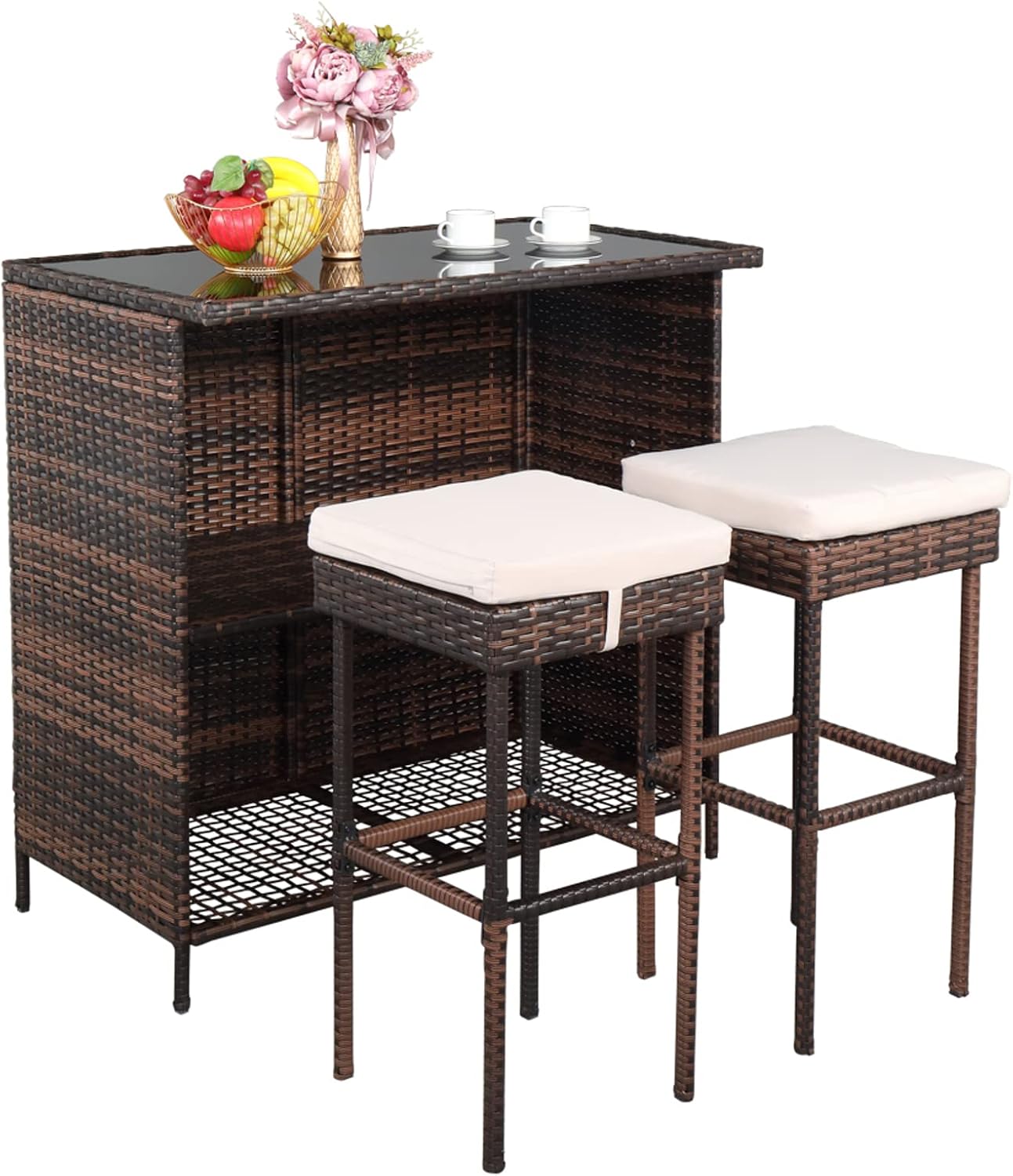 Outvita Wicker Patio Outdoor Bar Set with Glass Top Table and Two Cushioned Stools Brown Backyard Furniture Poolside, Garden, Porches