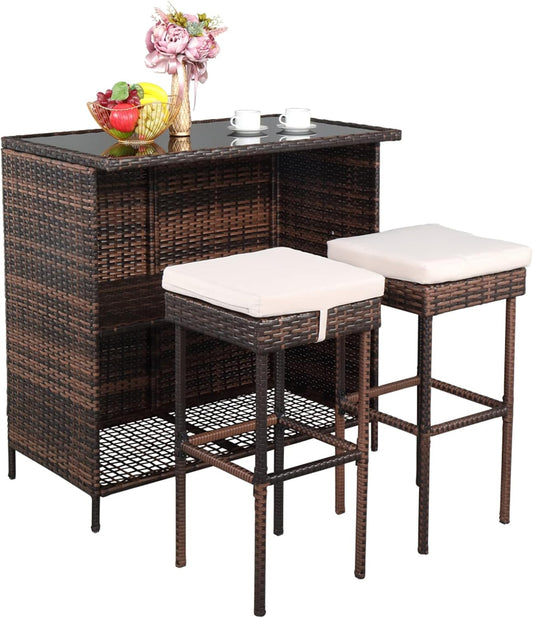 Outvita Wicker Patio Outdoor Bar Set with Glass Top Table and Two Cushioned Stools Brown Backyard Furniture Poolside, Garden, Porches