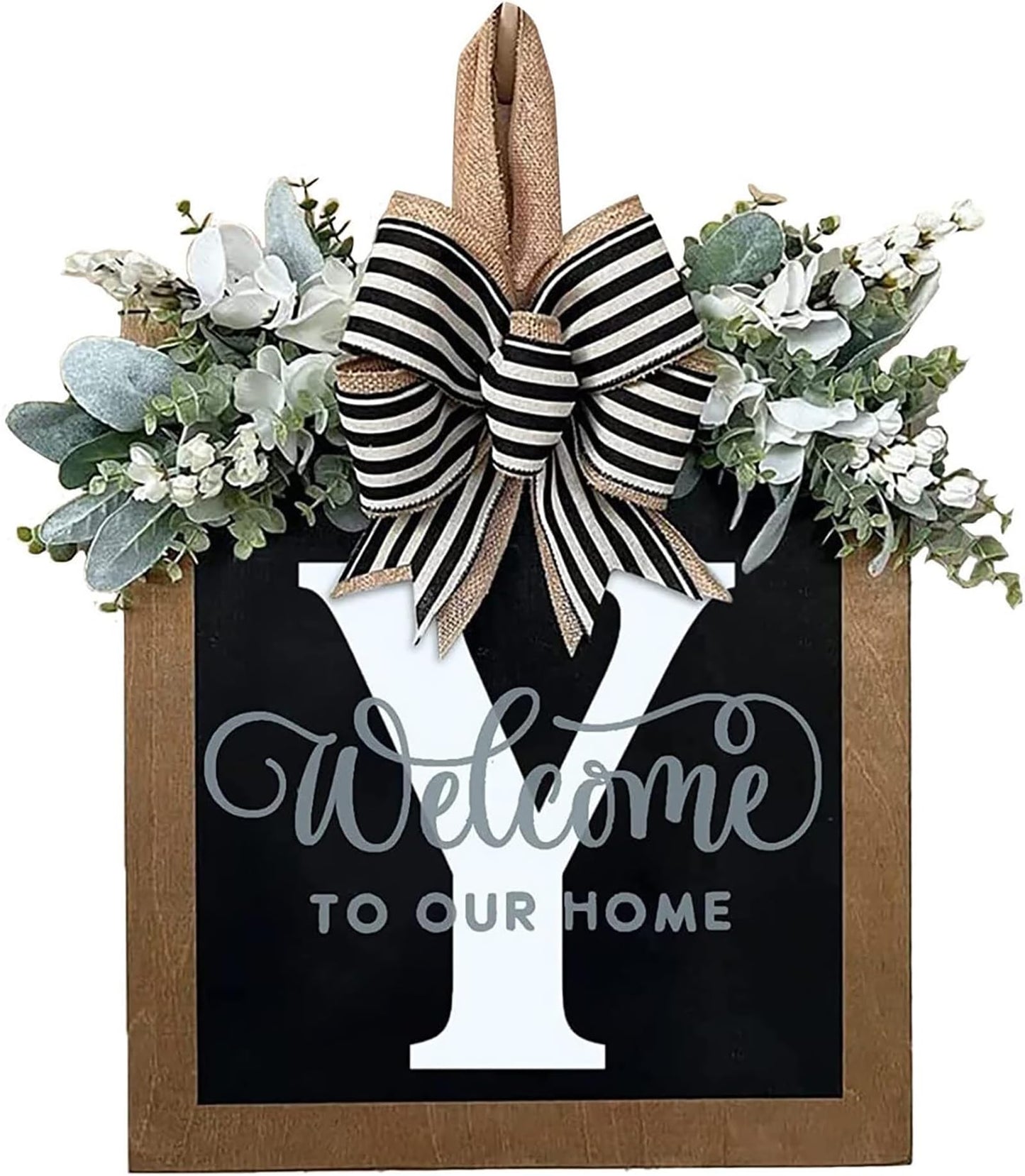 Last Name All Year Round Front Door Wreath with 26 Initial Letter Welcome Sign All Seasons Eucalyptus Garland and Bow ，Farmhouse, Porch, for Spring Summer Fall All Seasons Holiday Halloween Christmas. (M)