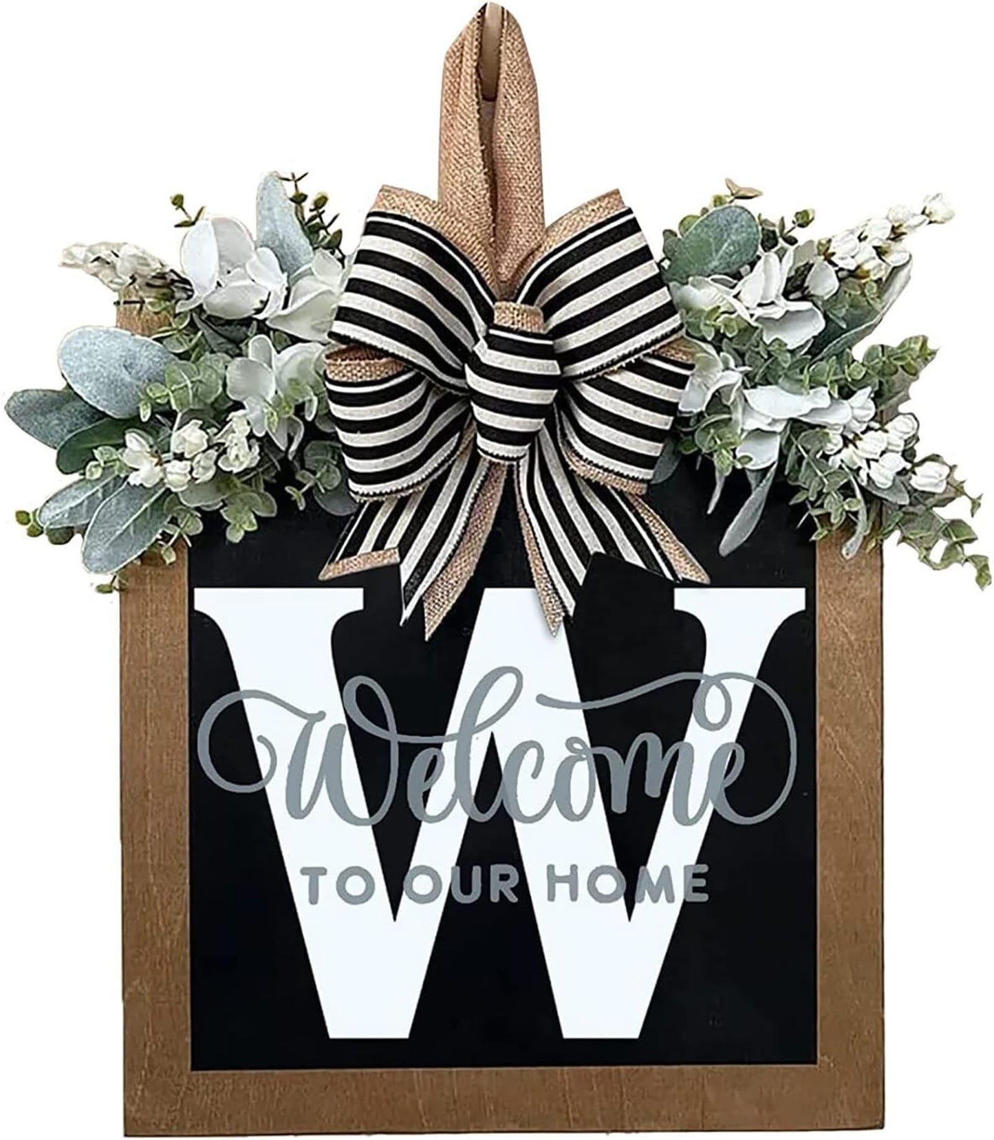 Last Name All Year Round Front Door Wreath with 26 Initial Letter Welcome Sign All Seasons Eucalyptus Garland and Bow ，Farmhouse, Porch, for Spring Summer Fall All Seasons Holiday Halloween Christmas. (M)