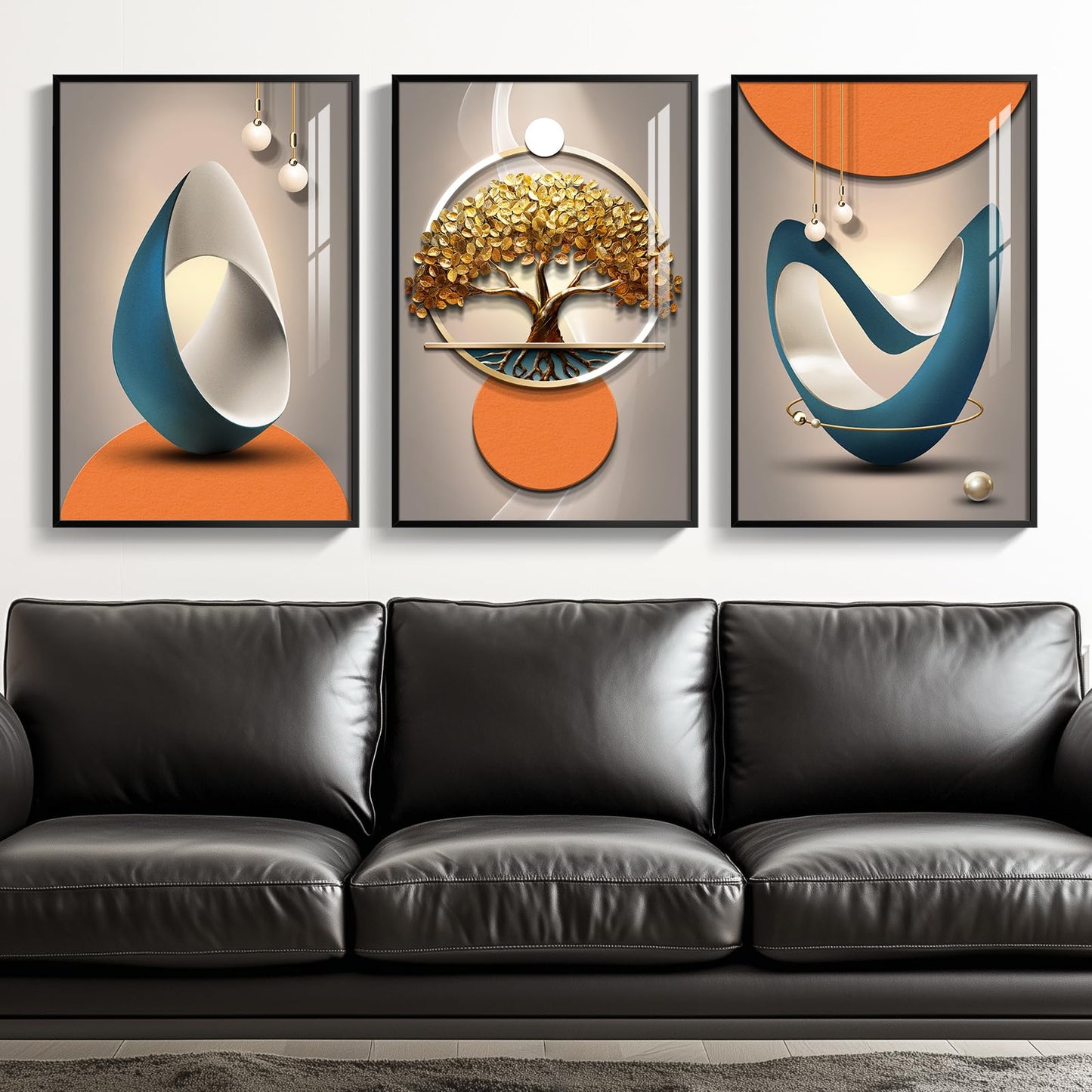 3-Piece 24×36" Gold Geometric Framed Wall Art Luxury Modern Decor for Living Room Office