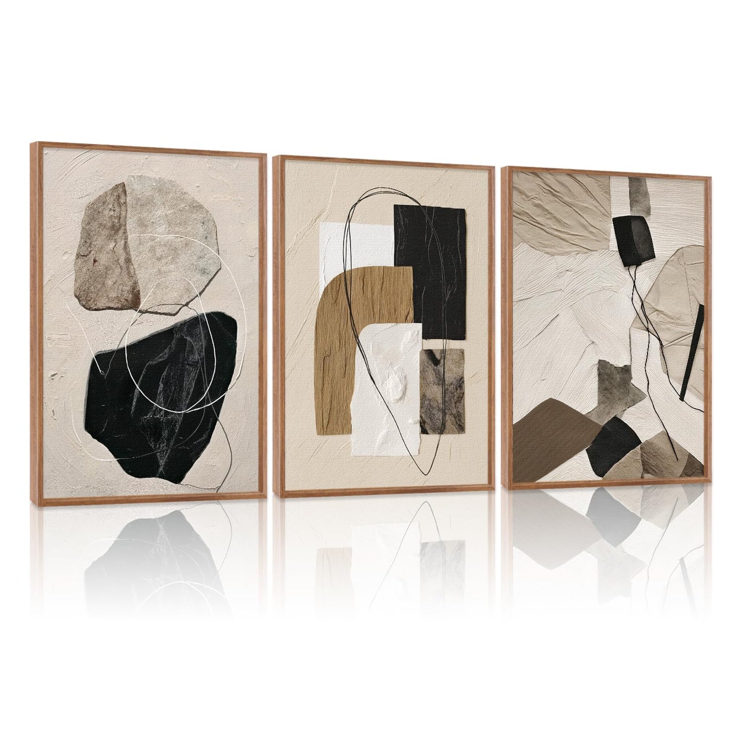 CHDITB Abstract Minimalist Framed Canvas Wall Art Set Of 3, Modern Mid Century Wall Decor, Geometric Line Textured Inspired Artwork, Neutral Art Print For Living Room Office Bedroom Decor (12X16 Inch)