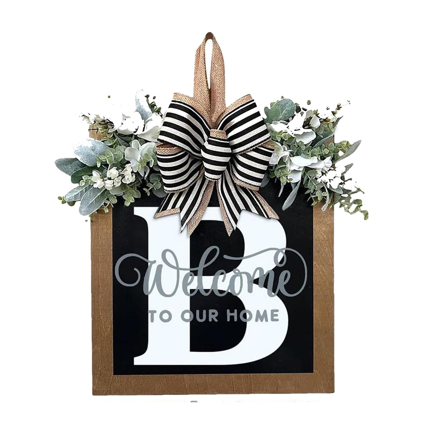 Last Name All Year Round Front Door Wreath with 26 Initial Letter Welcome Sign All Seasons Eucalyptus Garland and Bow ，Farmhouse, Porch, for Spring Summer Fall All Seasons Holiday Halloween Christmas. (M)