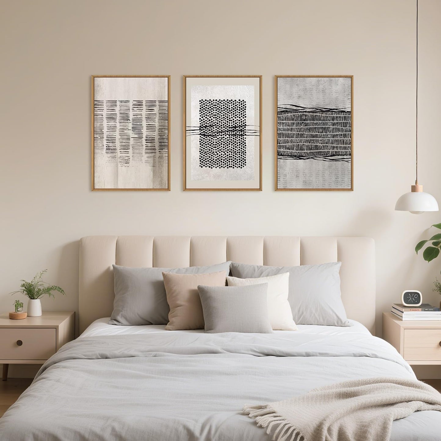 Large Abstract Black and Beige Framed Canvas Wall Art,Minimalist Geometric Lines Wall Decor,Cozy Neutral Shapes Artwork,Modern Lines Dots Art Print for Living Room,Bedroom,Office- 16"x24"x3