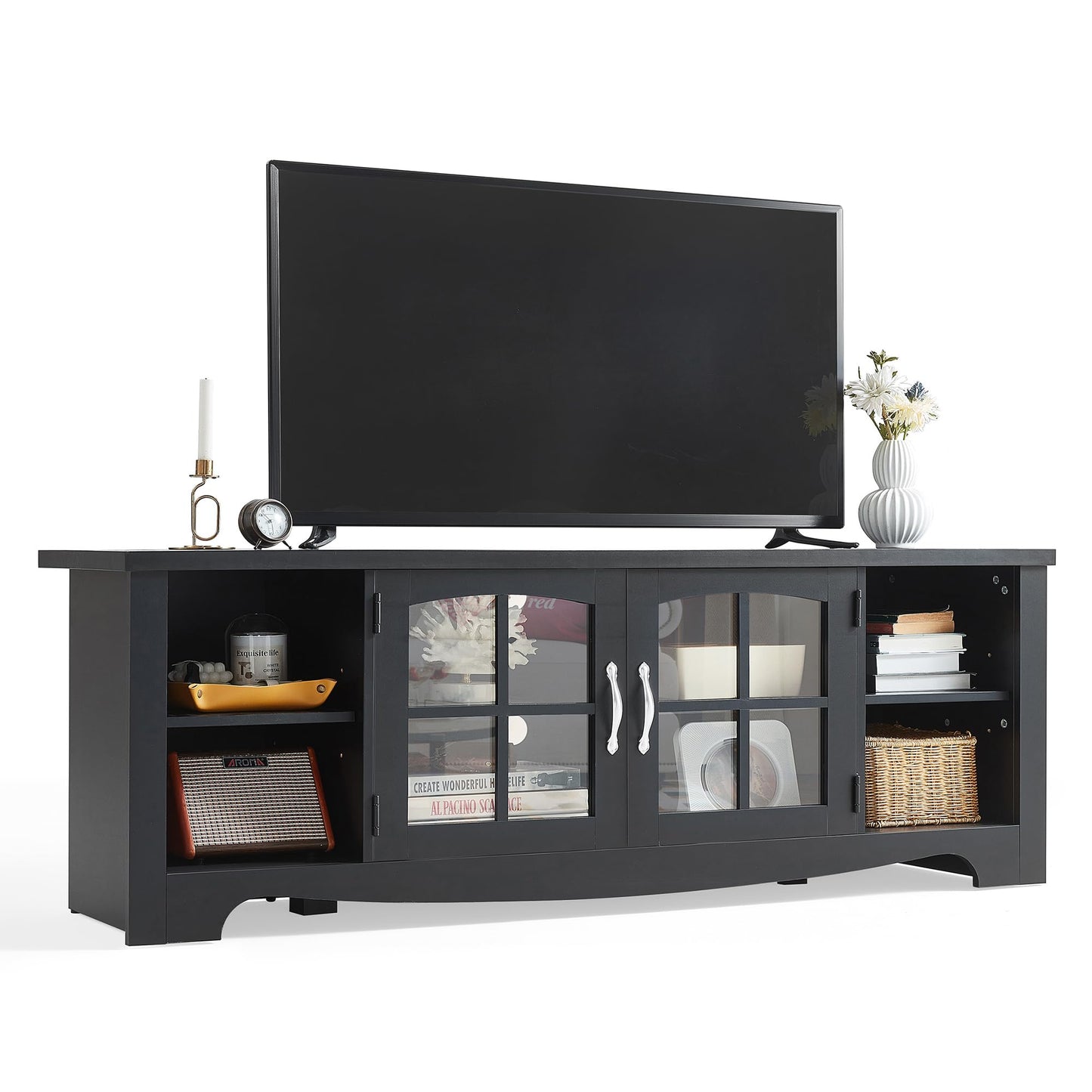 LINSY HOME TV Stand for 75 Inch TV, Modern Farmhouse Entertainment Center with Storage Cabinets and Glass Doors, Tall Media Console Table for Living Room, Bedroom, Large Long Television Stand, Brown