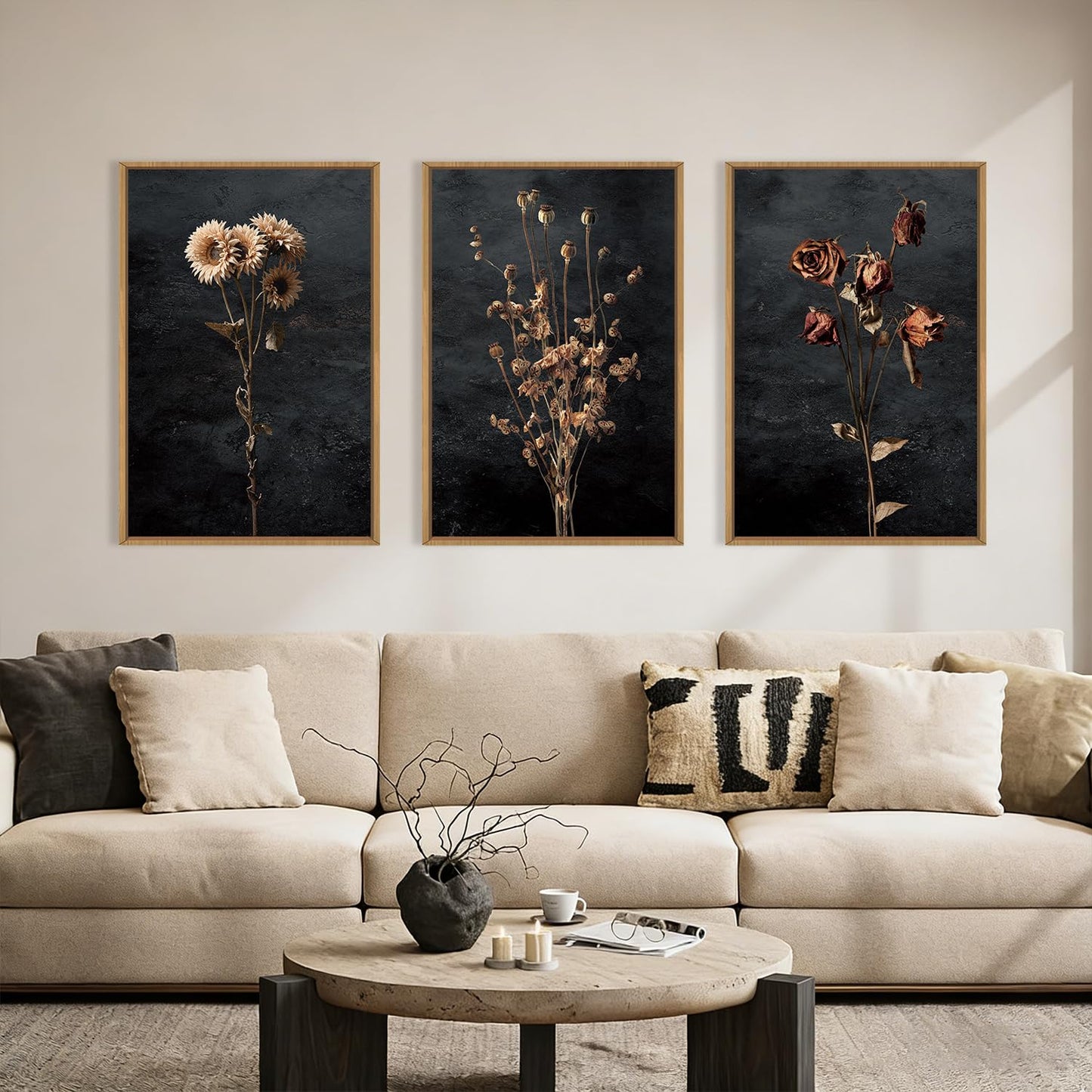 Large Abstract Black and Beige Framed Canvas Wall Art,Minimalist Geometric Lines Wall Decor,Cozy Neutral Shapes Artwork,Modern Lines Dots Art Print for Living Room,Bedroom,Office- 16"x24"x3