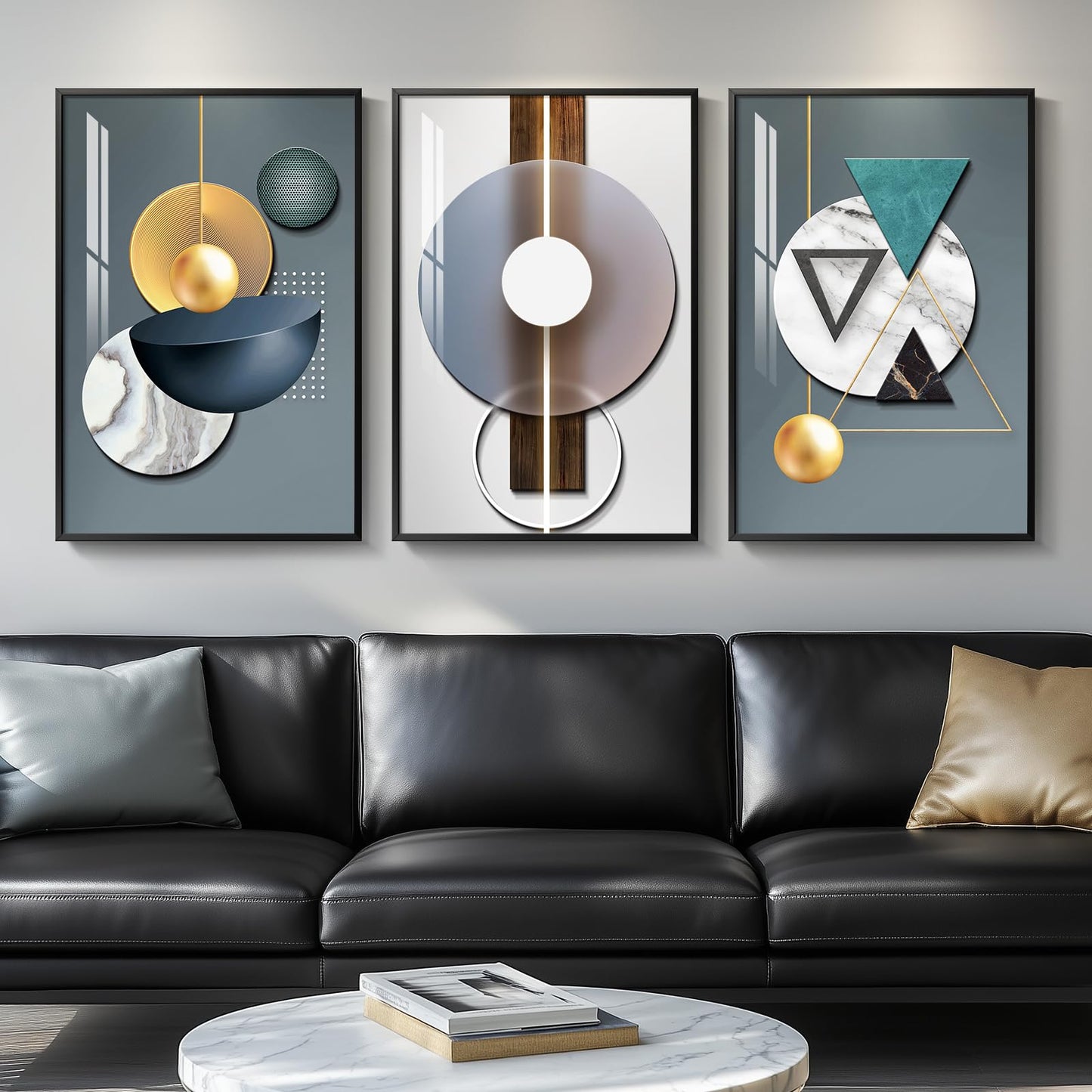 3-Piece 24×36" Gold Geometric Framed Wall Art Luxury Modern Decor for Living Room Office