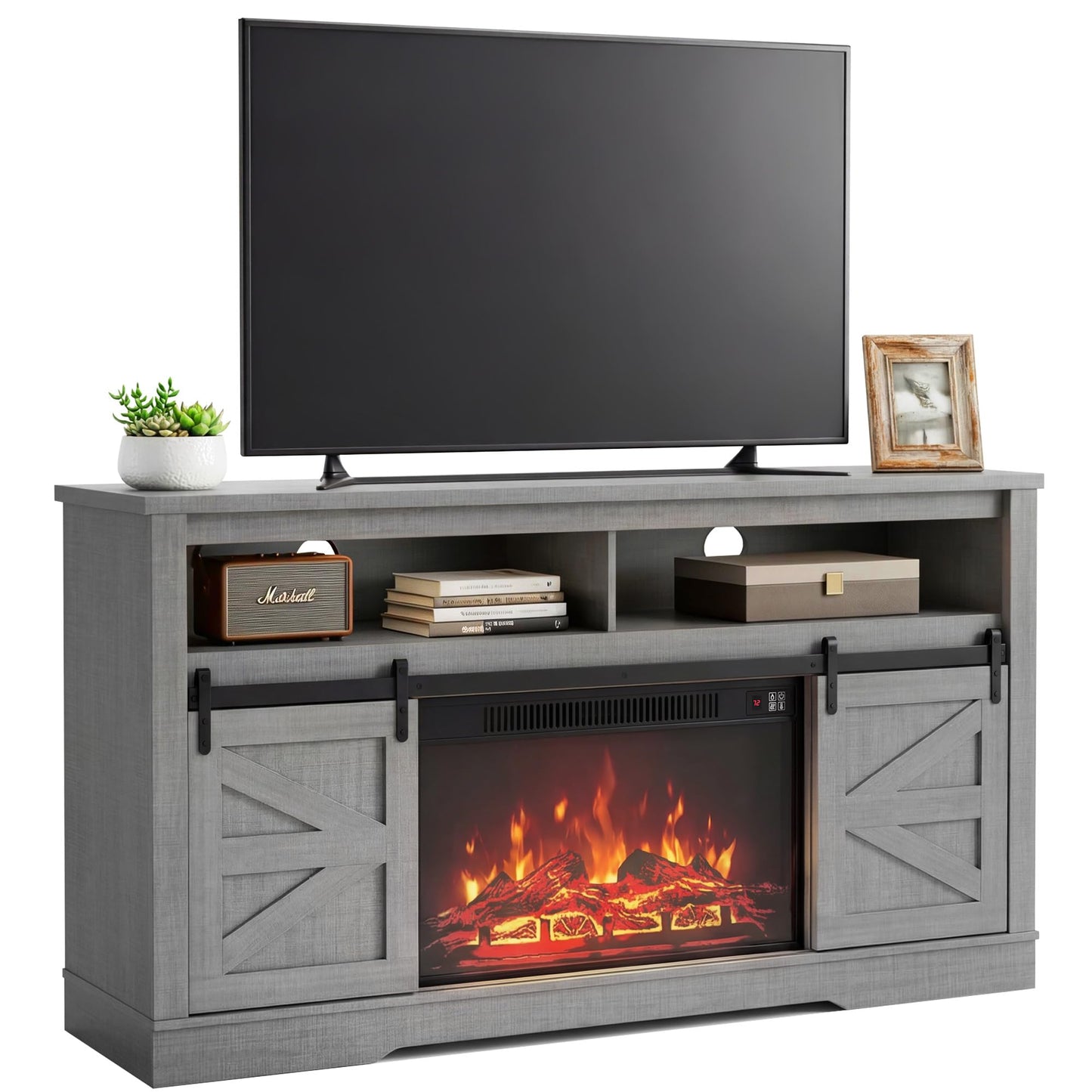YESHOMY TV Stand for Televisions up to 65 Inches, with Sliding Barn Doors and Storage Cabinets, Console Table and Media Furniture for Living Room, 58 Inch, Barnwood