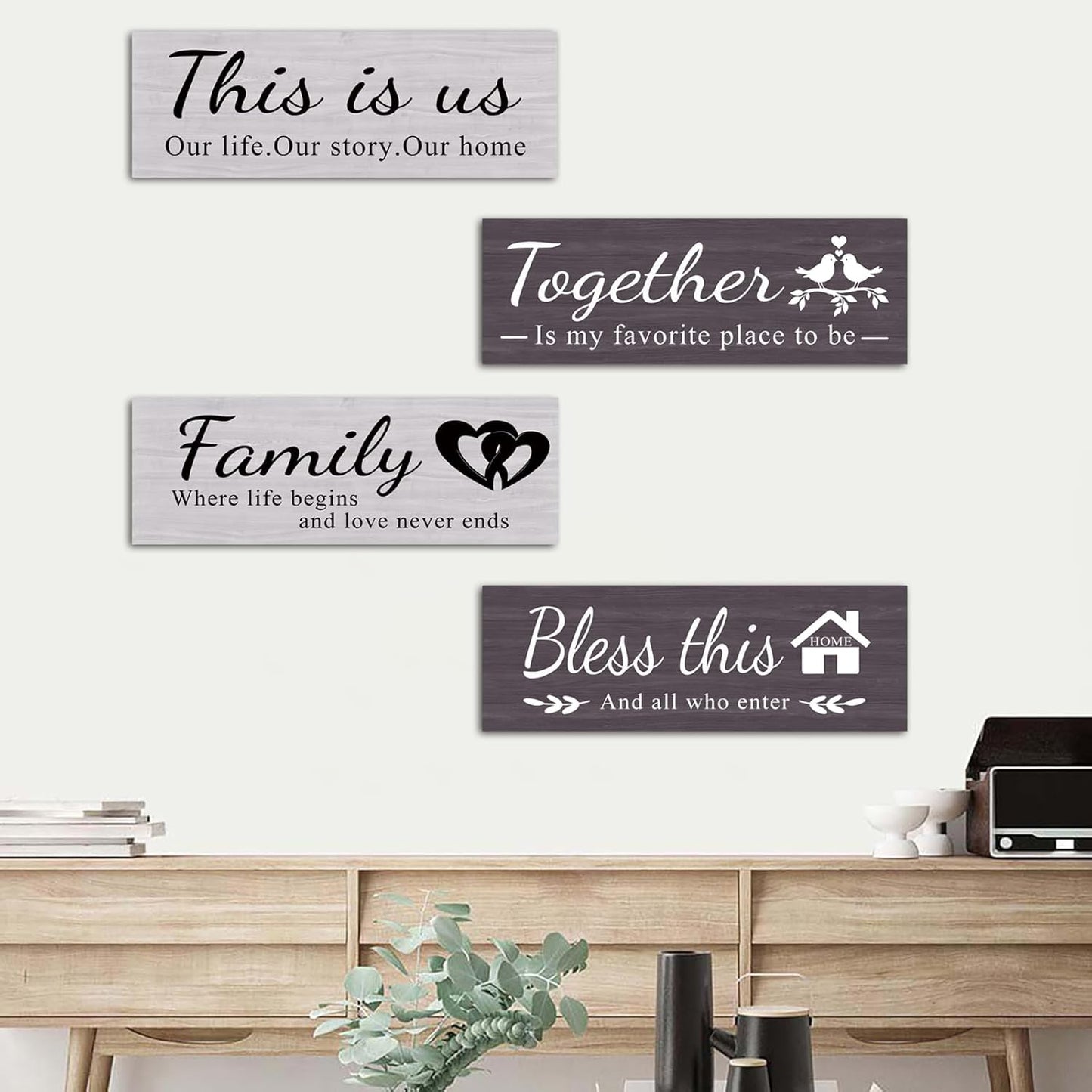 4 pcs home wall decor house decor "THIS IS US/TOGETHER/BLESS THIS HOME/FAMILY", wall decor living room family sign Rustic Wooden Farmhouse Art 13.8x4.72inch