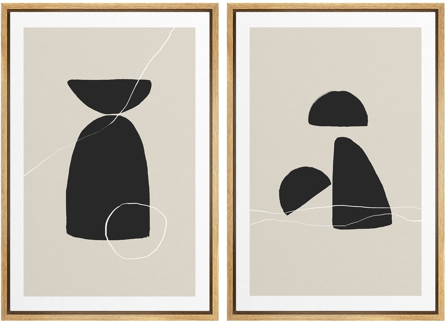 SIGNWIN Framed Canvas Print Wall Art Set Geometric Mid-Century Spiral Collage Abstract Shapes Cozy Neutral Minimal Decorative Nordic Zen Bohemian for Living Room, Bedroom, Office - 16"x24"x2 Black