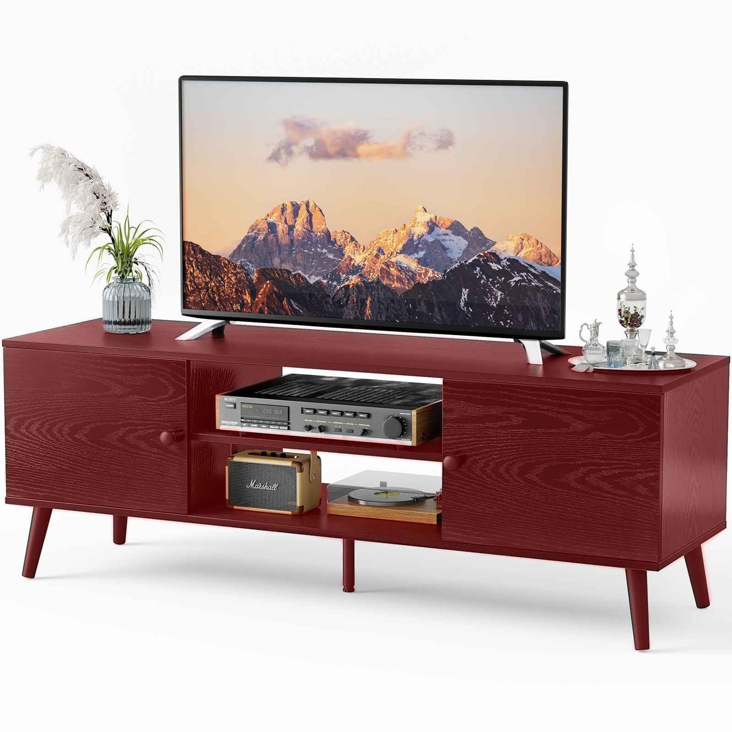 Sweetcrispy TV Stand for 55 60 inch TV, Modern Mid Century Entertainment Center with Storage, Media Console Table 2 Cabinet, Soft Hinge, Handle Door, Wooden Living Room, Office Furniture, Oak