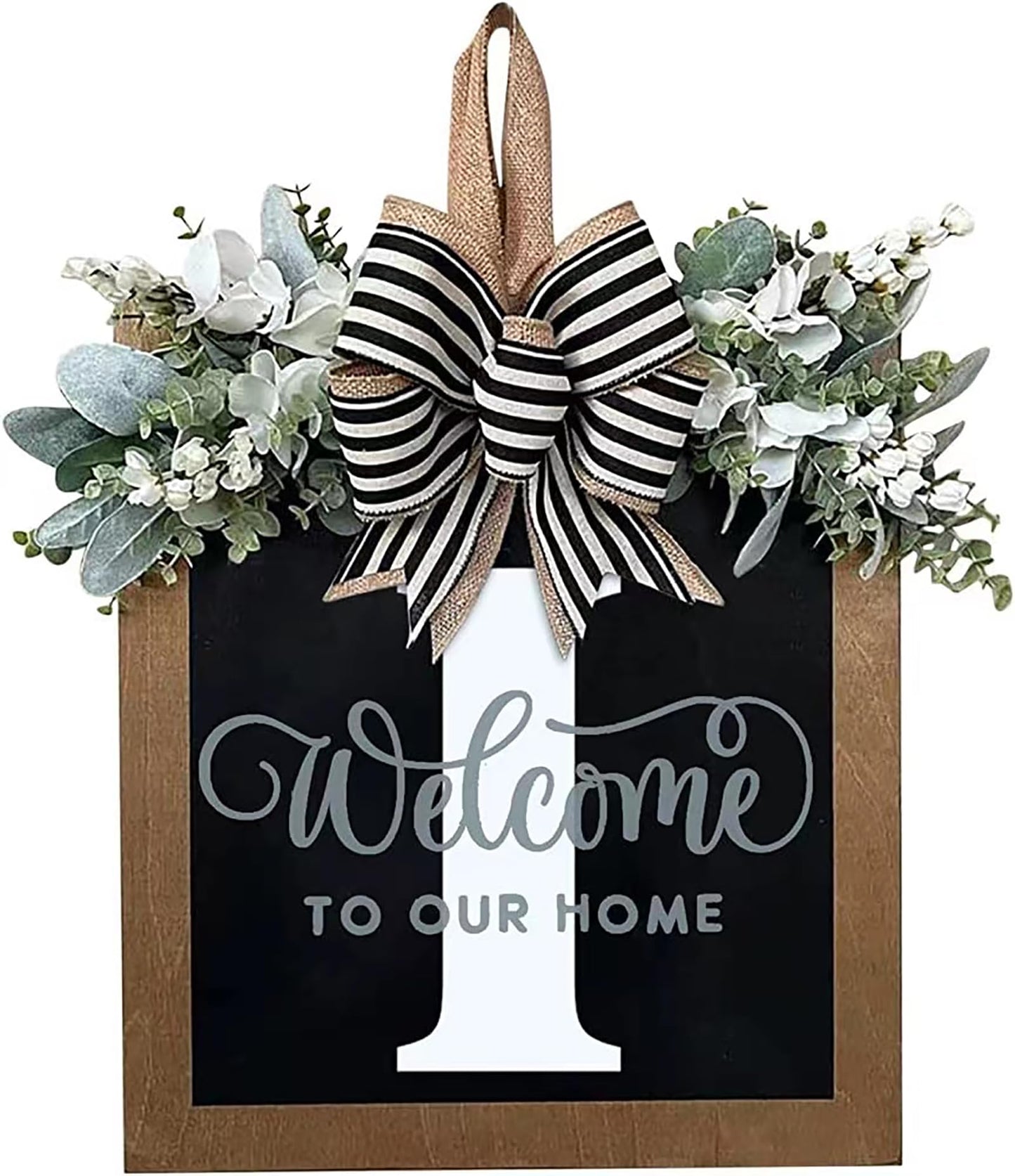 Last Name All Year Round Front Door Wreath with 26 Initial Letter Welcome Sign All Seasons Eucalyptus Garland and Bow ，Farmhouse, Porch, for Spring Summer Fall All Seasons Holiday Halloween Christmas. (M)