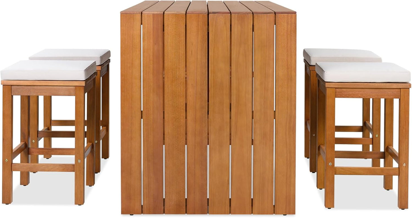 Merax 5 Piece Outdoor Acacia Wood Dining Table Bar Set, Patio Acacia Wood Bar Height Table & 4 Stools with Cushions, Wood Dining Bar Set for Backyard, Poolside, Balcony, Beige Cushion + Natural Wood