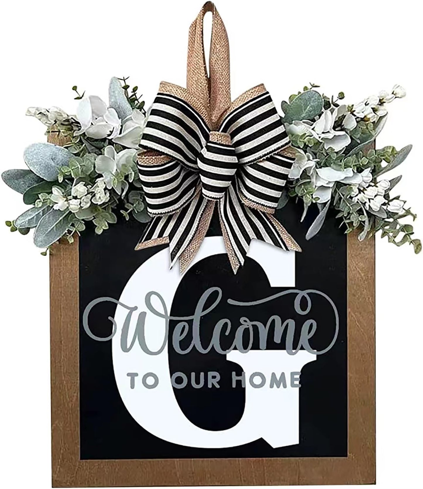 Last Name All Year Round Front Door Wreath with 26 Initial Letter Welcome Sign All Seasons Eucalyptus Garland and Bow ，Farmhouse, Porch, for Spring Summer Fall All Seasons Holiday Halloween Christmas. (M)