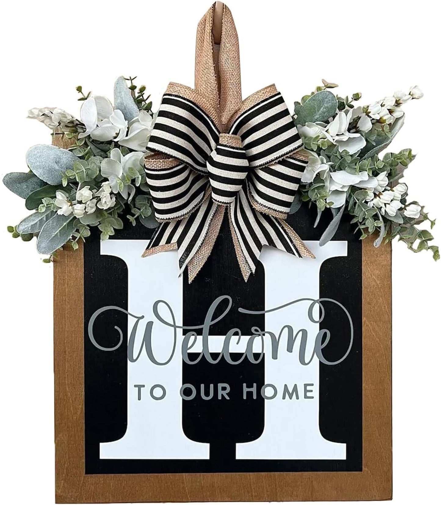 Last Name All Year Round Front Door Wreath with 26 Initial Letter Welcome Sign All Seasons Eucalyptus Garland and Bow ，Farmhouse, Porch, for Spring Summer Fall All Seasons Holiday Halloween Christmas. (M)