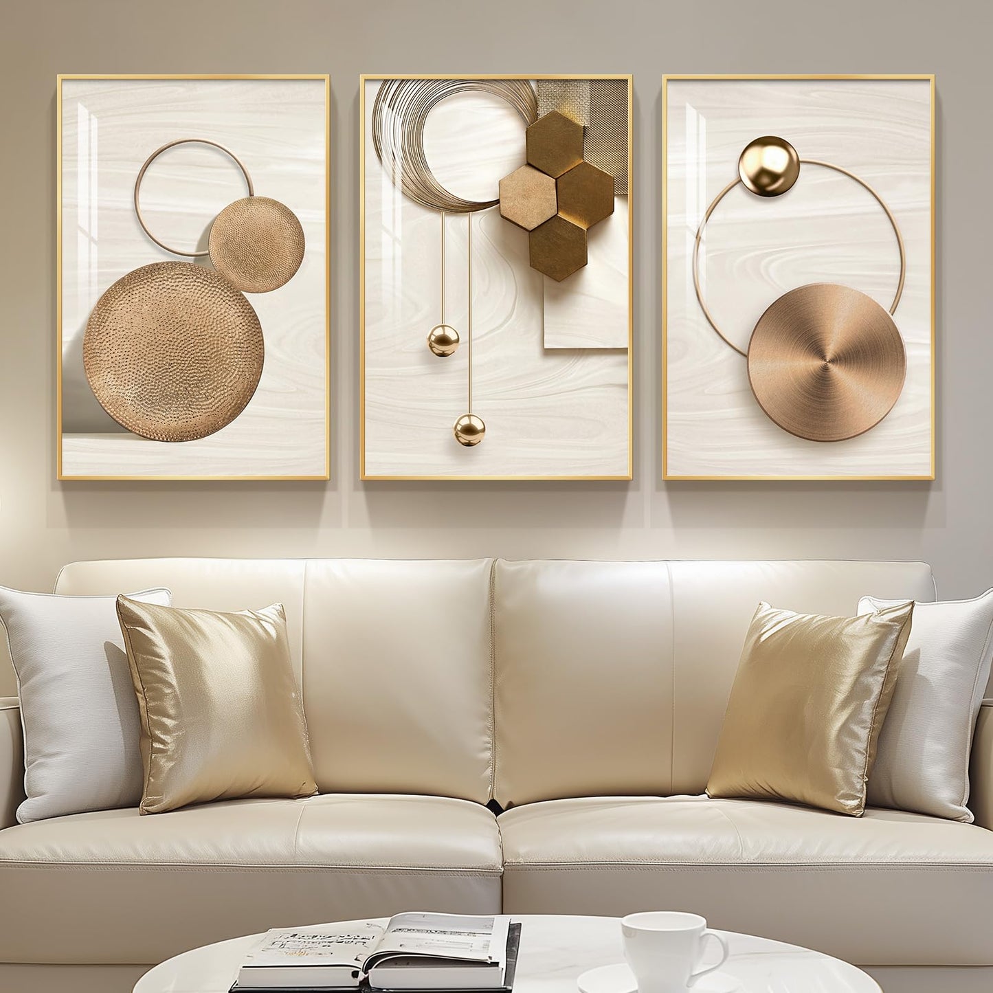 3-Piece 24×36" Gold Geometric Framed Wall Art Luxury Modern Decor for Living Room Office