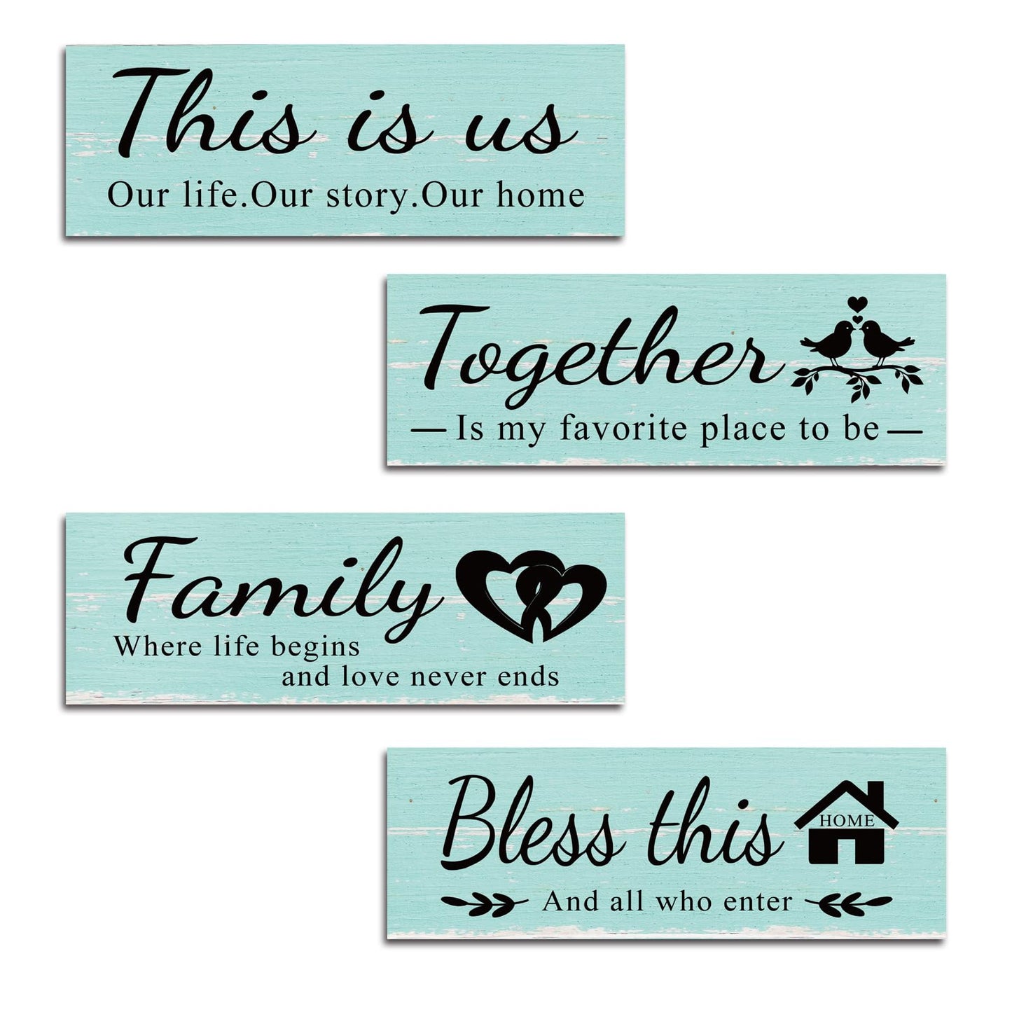 4 pcs home wall decor house decor "THIS IS US/TOGETHER/BLESS THIS HOME/FAMILY", wall decor living room family sign Rustic Wooden Farmhouse Art 13.8x4.72inch