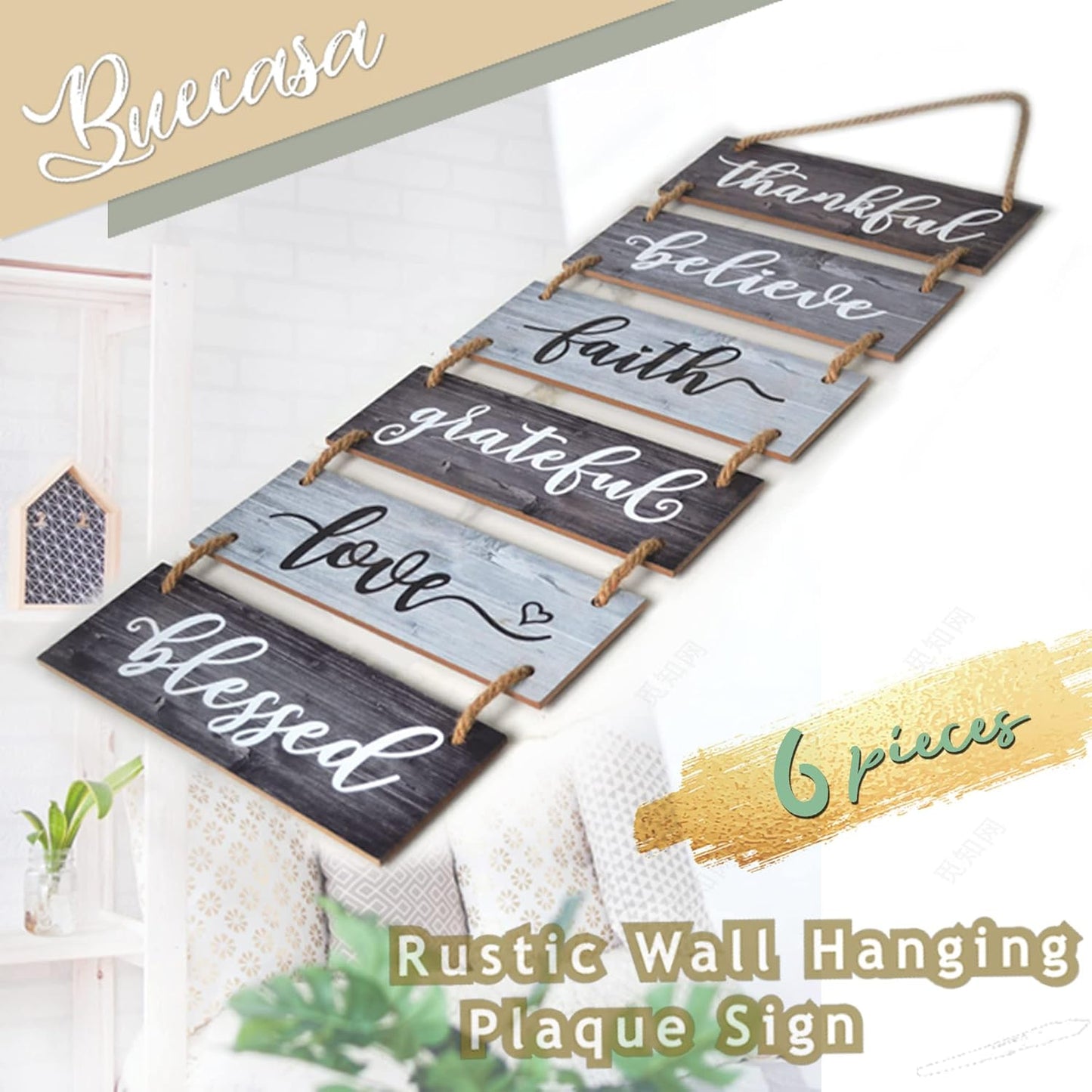 Buecasa Family Wall Decor Sign - Farmhouse Rustic Home Decoration for Living Room Bedroom - Inspirational Large Wall Hanging Plaque 6pcs 38x12 Inches