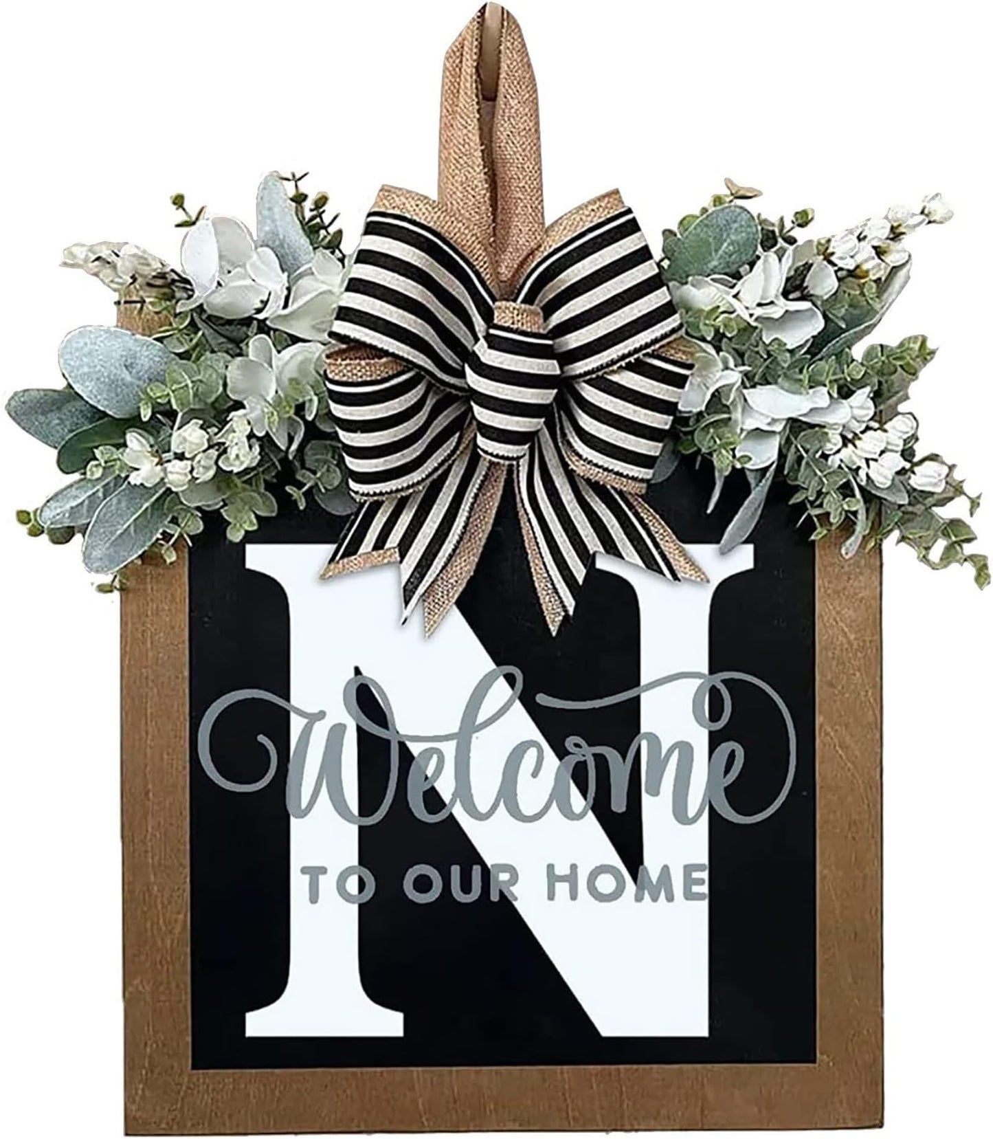 Last Name All Year Round Front Door Wreath with 26 Initial Letter Welcome Sign All Seasons Eucalyptus Garland and Bow ，Farmhouse, Porch, for Spring Summer Fall All Seasons Holiday Halloween Christmas. (M)
