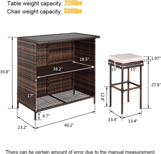 Outvita Wicker Patio Outdoor Bar Set with Glass Top Table and Two Cushioned Stools Brown Backyard Furniture Poolside, Garden, Porches