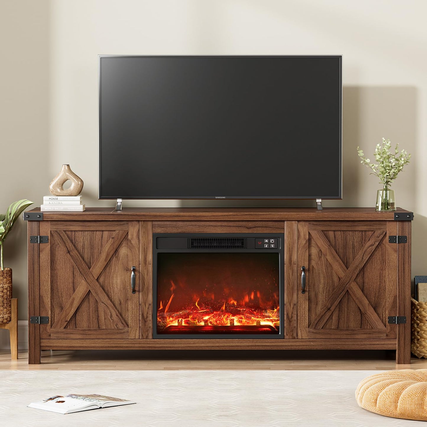 YESHOMY Modern Farmhouse TV Stand with Two Barn Doors and Storage Cabinets for Televisions up to 65+ Inch,Entertainment Center Console Table,Media Furniture for Living Room,58 Inch, Walnut,YH-TS103DWA