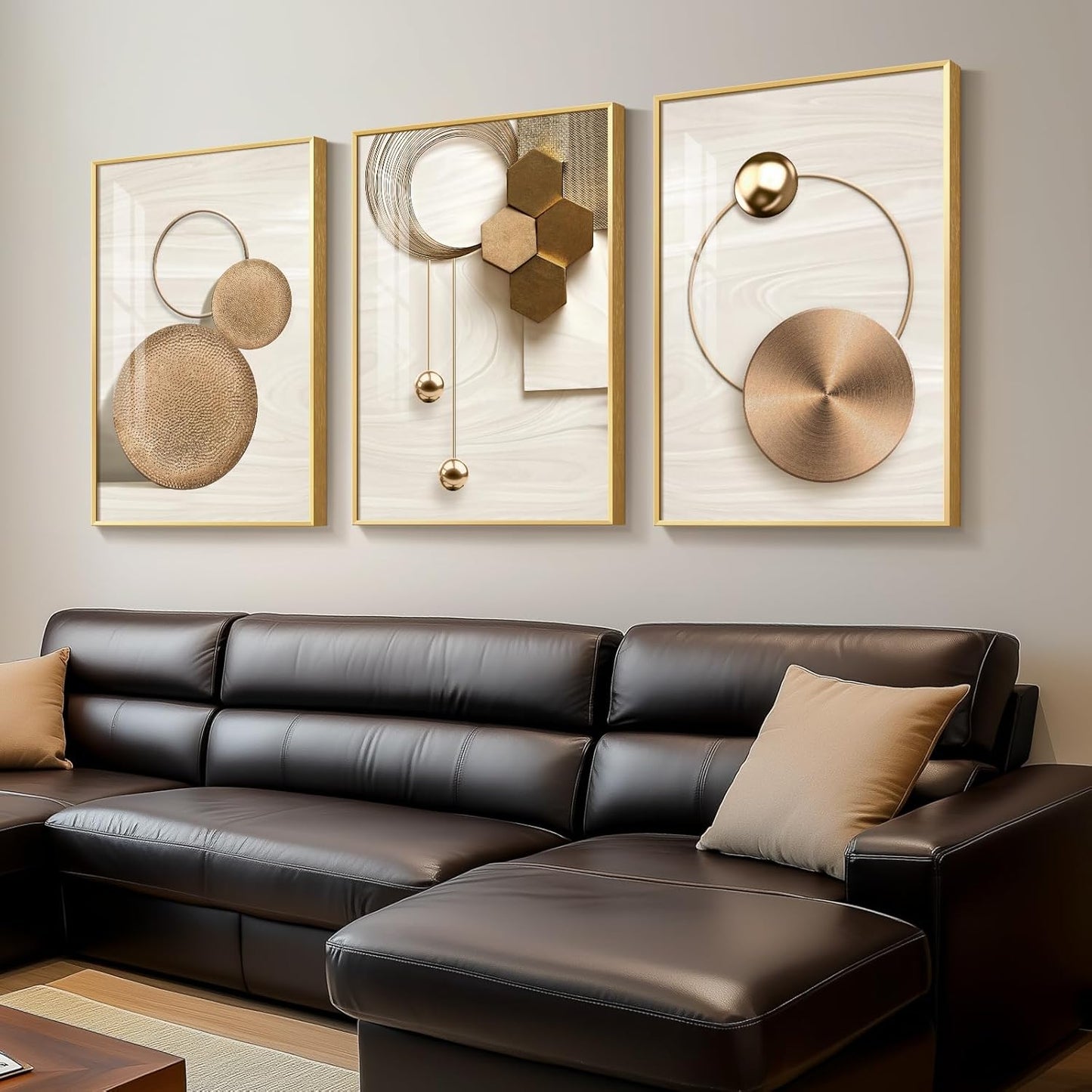 3-Piece 24×36" Gold Geometric Framed Wall Art Luxury Modern Decor for Living Room Office