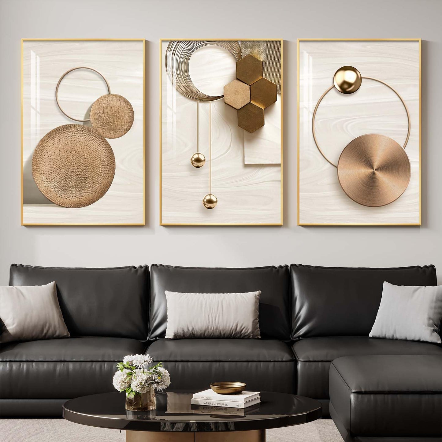 3-Piece 24×36" Gold Geometric Framed Wall Art Luxury Modern Decor for Living Room Office