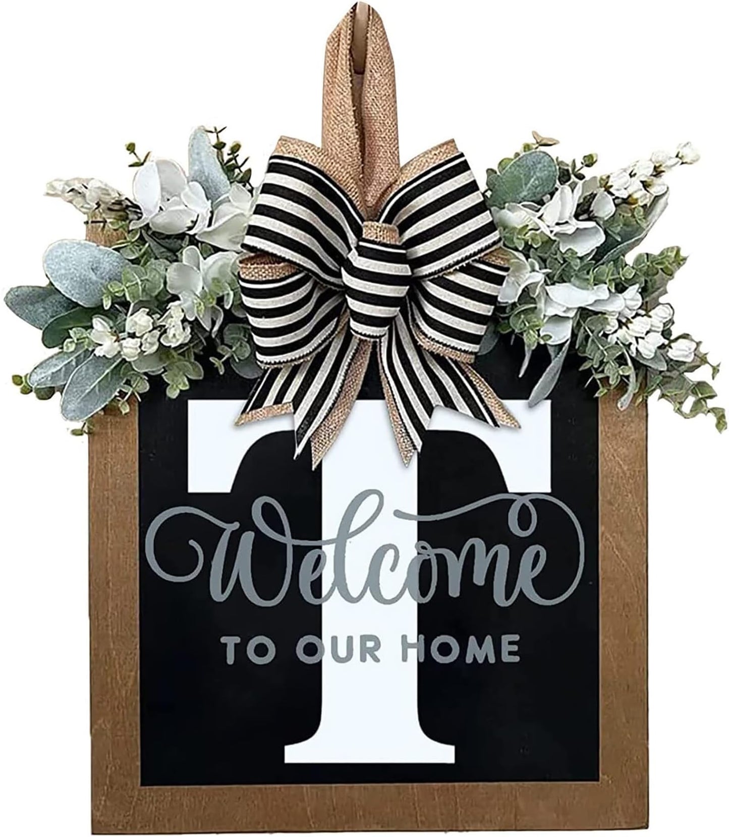 Last Name All Year Round Front Door Wreath with 26 Initial Letter Welcome Sign All Seasons Eucalyptus Garland and Bow ，Farmhouse, Porch, for Spring Summer Fall All Seasons Holiday Halloween Christmas. (M)