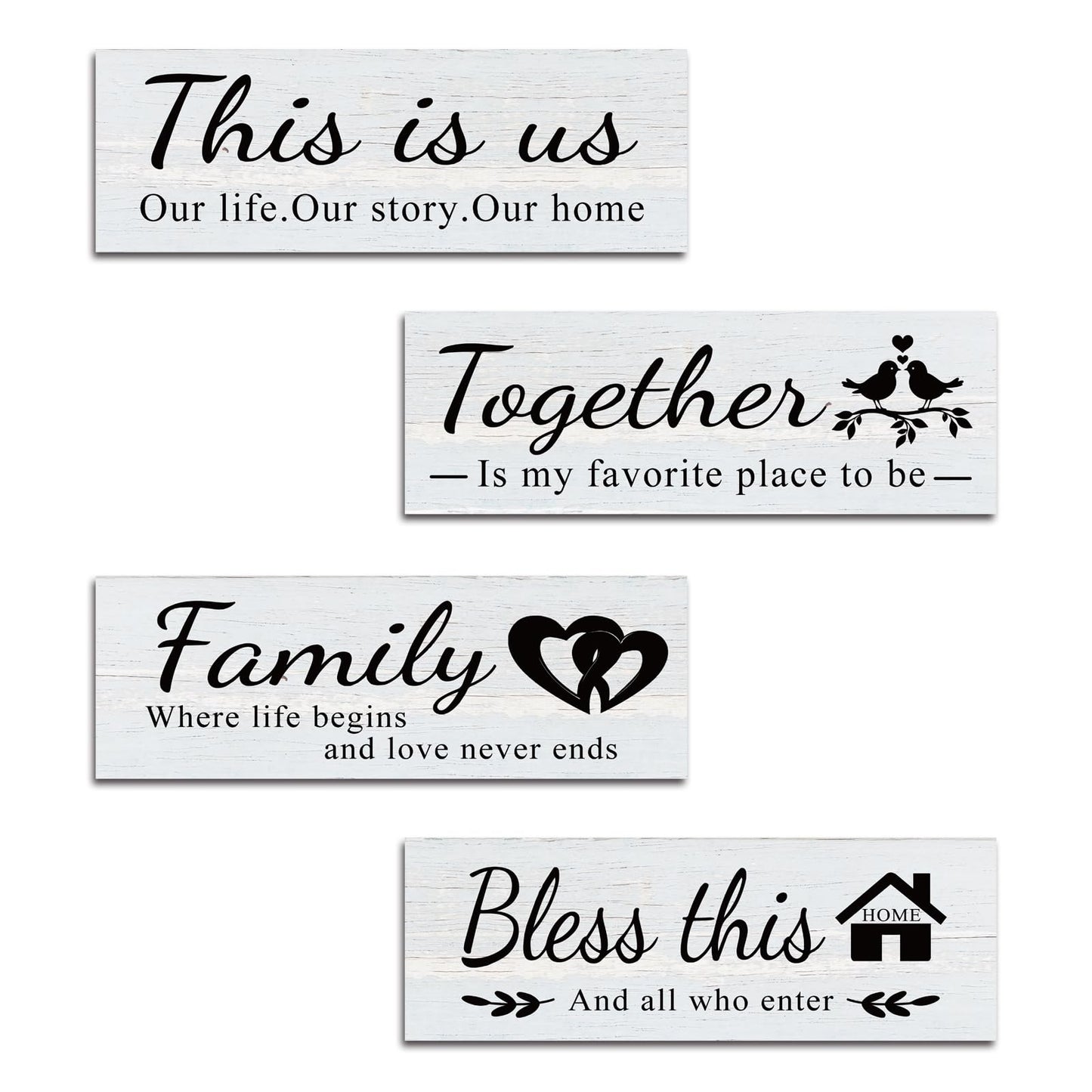 4 pcs home wall decor house decor "THIS IS US/TOGETHER/BLESS THIS HOME/FAMILY", wall decor living room family sign Rustic Wooden Farmhouse Art 13.8x4.72inch