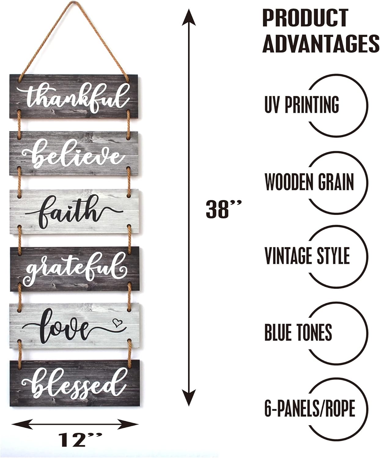 Buecasa Family Wall Decor Sign - Farmhouse Rustic Home Decoration for Living Room Bedroom - Inspirational Large Wall Hanging Plaque 6pcs 38x12 Inches