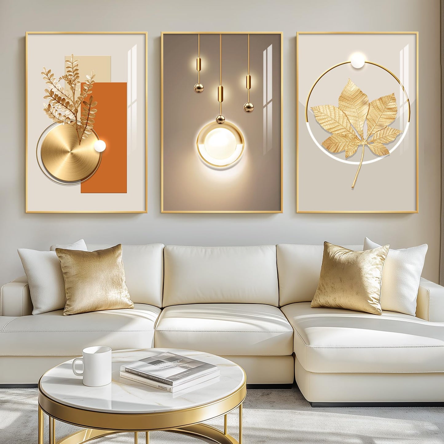 3-Piece 24×36" Gold Geometric Framed Wall Art Luxury Modern Decor for Living Room Office