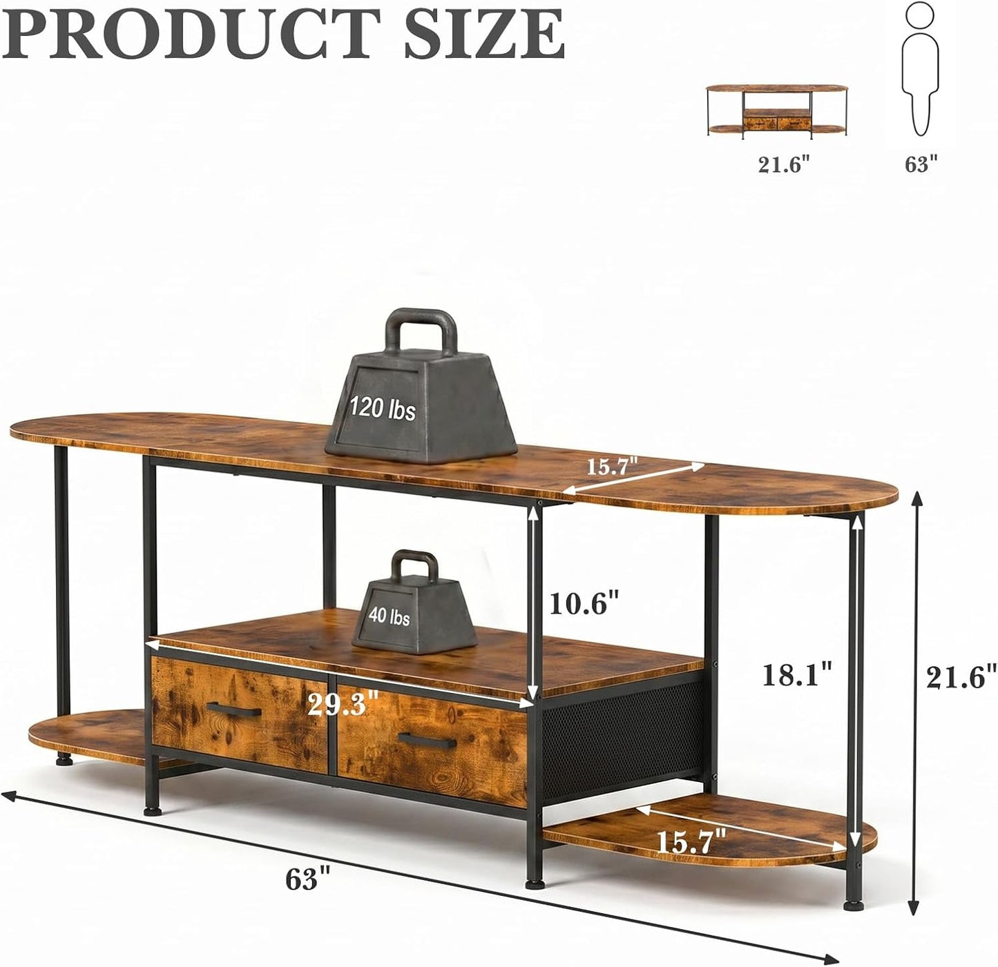 Faesun 63 Inch TV Stand for TVs Up to 70 Inch, Rustic Brown Entertainment Center with 2 Fabric Drawers, Modern TV Console Table with Curved Edge, Wood Media Stand for Living Room Bedroom