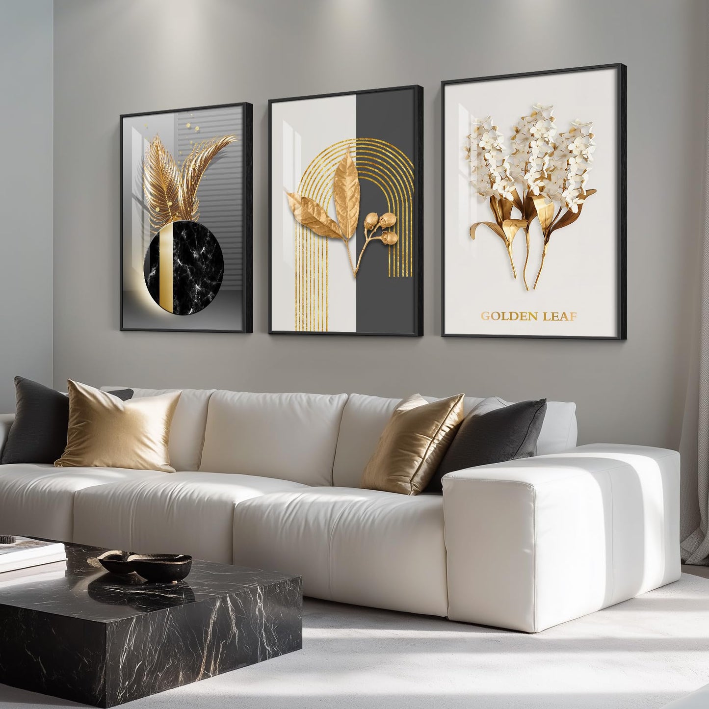 3-Piece 24×36" Gold Geometric Framed Wall Art Luxury Modern Decor for Living Room Office
