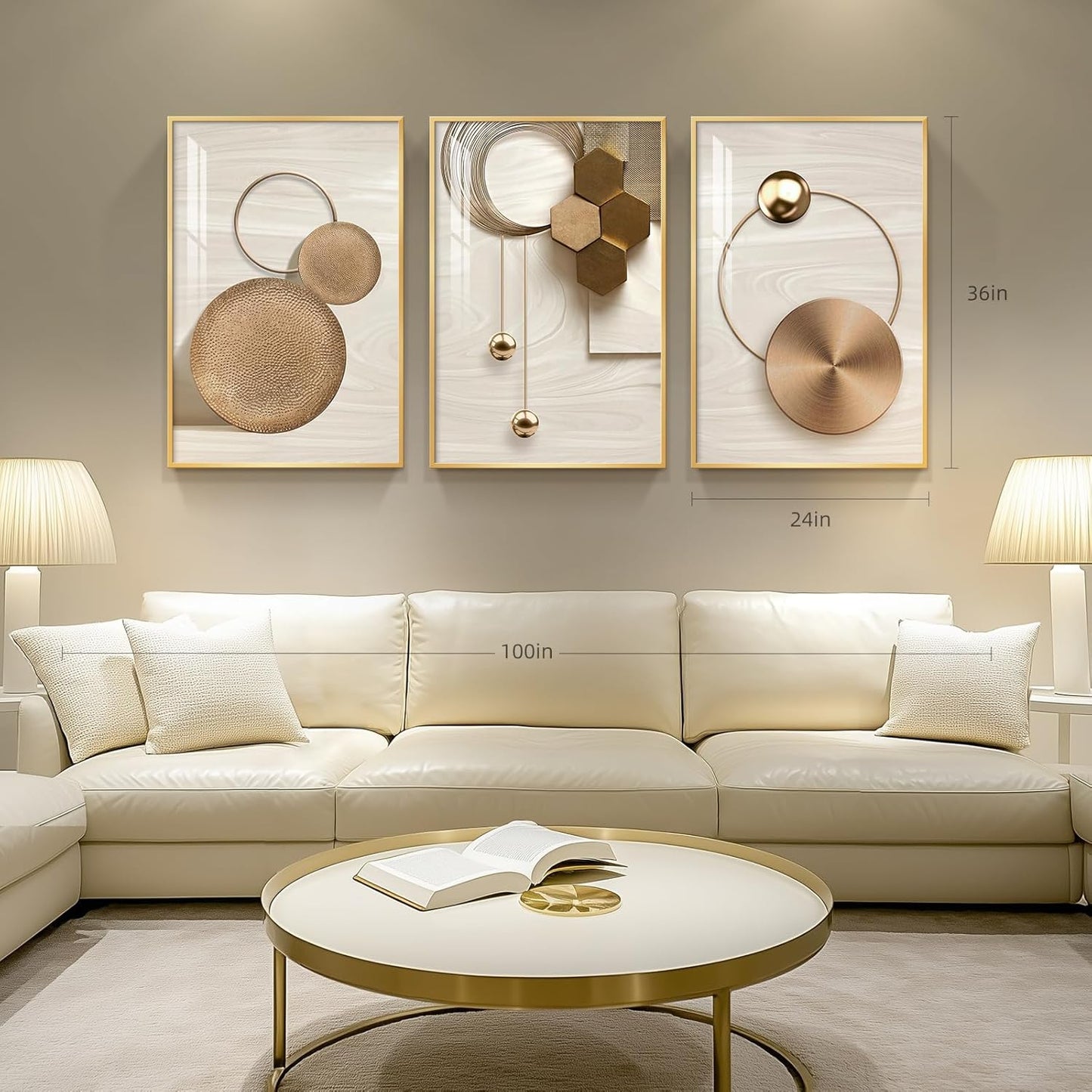 3-Piece 24×36" Gold Geometric Framed Wall Art Luxury Modern Decor for Living Room Office