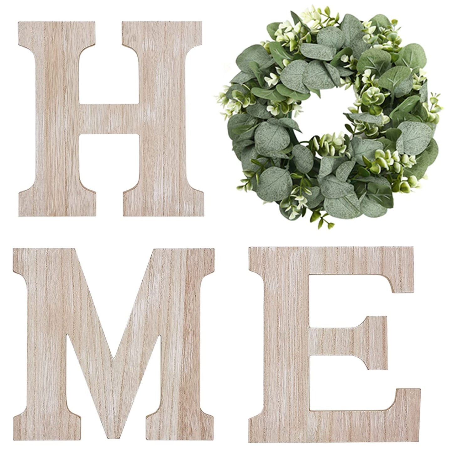 Wood Home Sign with Artificial Eucalyptus Wreath for O, Hanging Farmhouse Wall House Decor Wood Letters for Wall Art Rustic Home Decor, Wall Decor for Living Room Kitchen Entryway (Black)