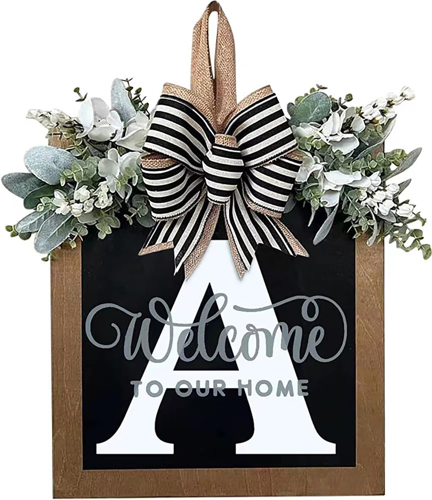 Last Name All Year Round Front Door Wreath with 26 Initial Letter Welcome Sign All Seasons Eucalyptus Garland and Bow ，Farmhouse, Porch, for Spring Summer Fall All Seasons Holiday Halloween Christmas. (M)