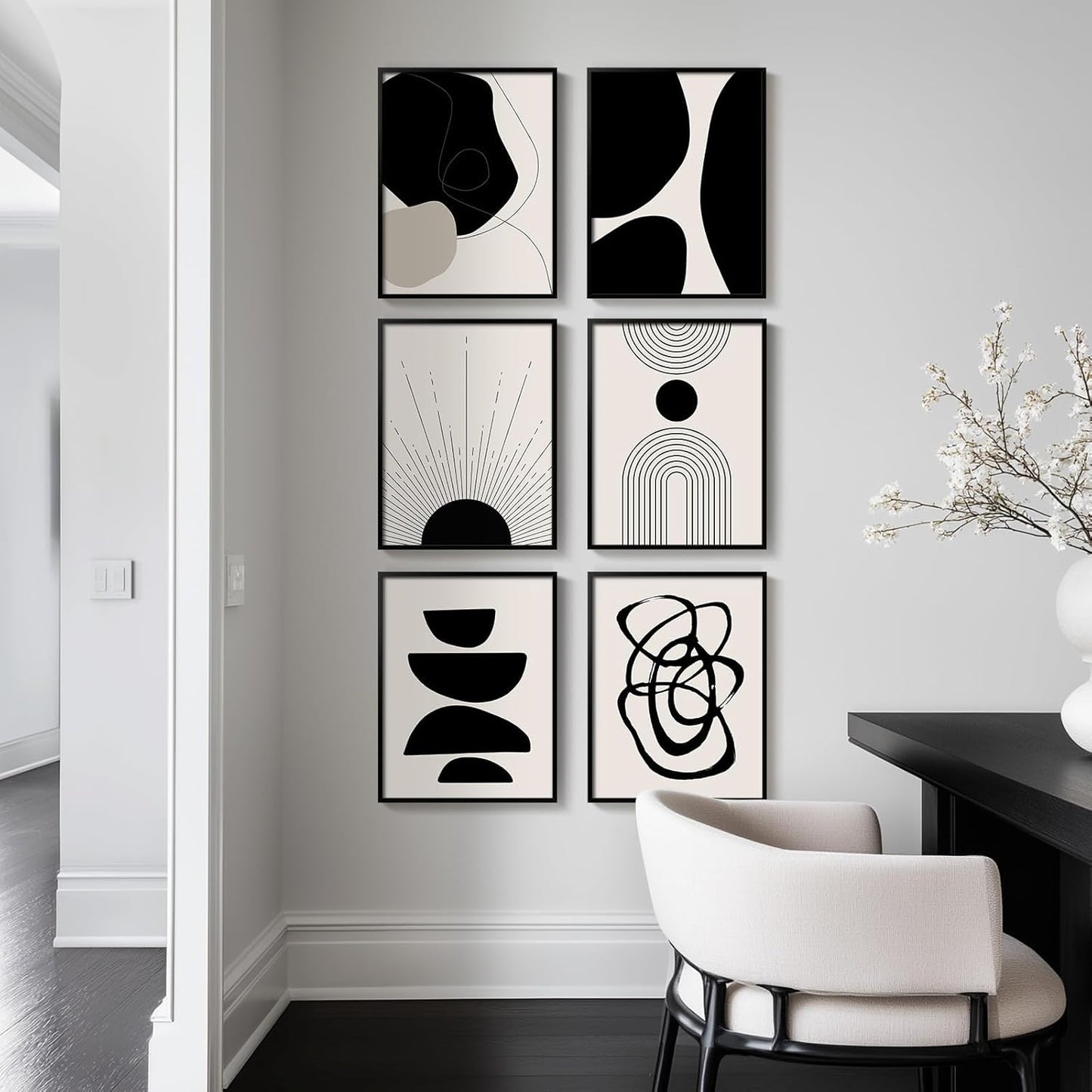 Framed Boho Black and White Abstract Wall Art, Set of 6 Modern Canvas Prints Paintings Artwork for Walls, Minimalist Geometric Pictures for Living Room Bedroom Office Bathroom Wall Decor 11x14 Inch