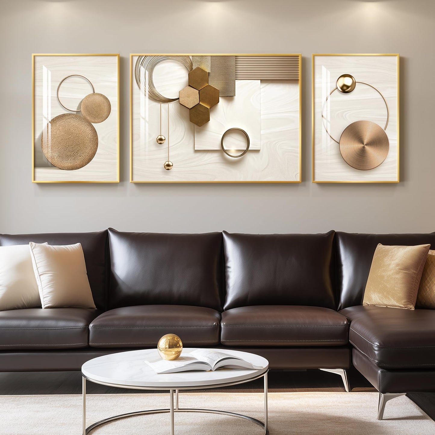 3-Piece 24×36" Gold Geometric Framed Wall Art Luxury Modern Decor for Living Room Office
