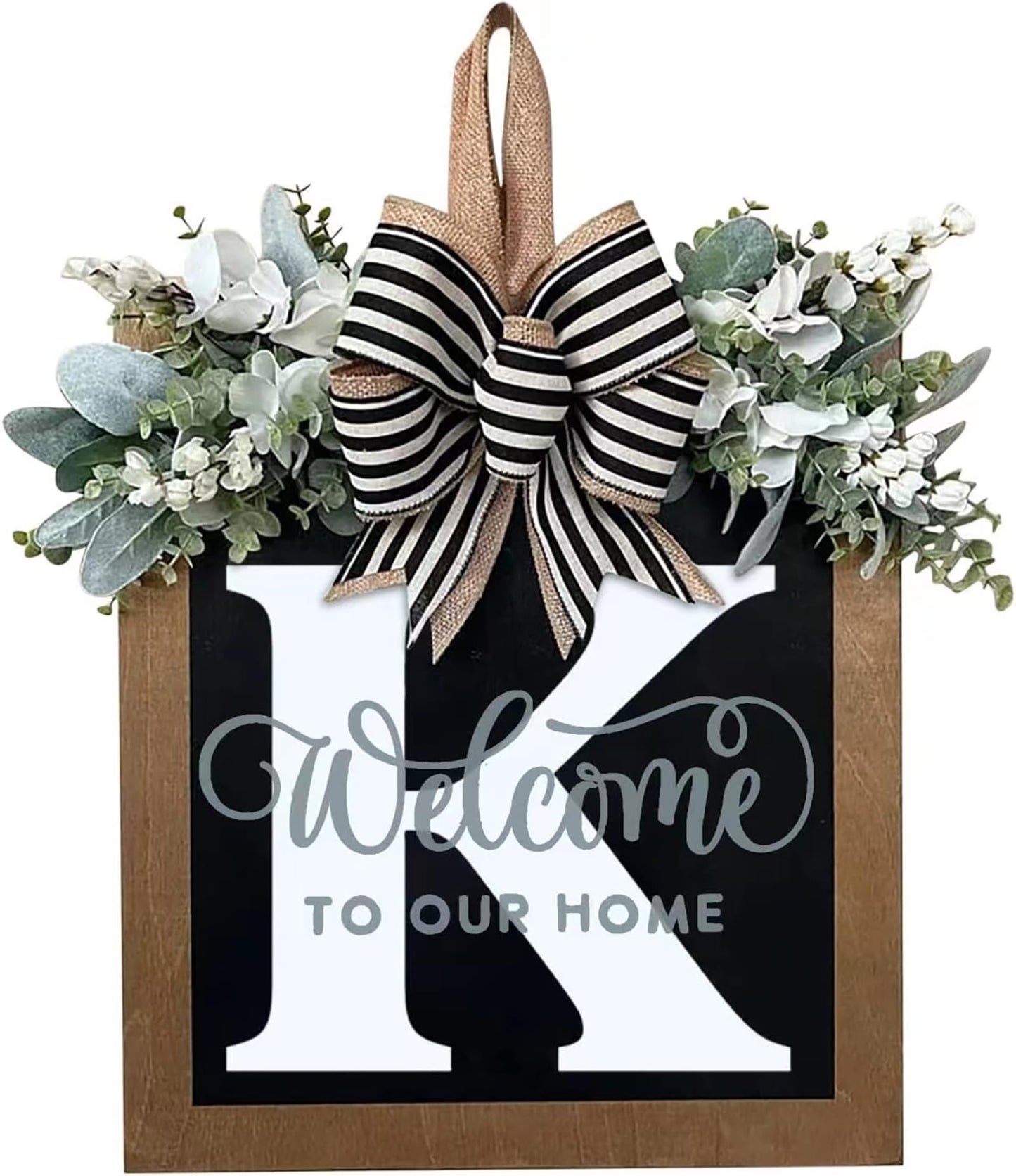 Last Name All Year Round Front Door Wreath with 26 Initial Letter Welcome Sign All Seasons Eucalyptus Garland and Bow ，Farmhouse, Porch, for Spring Summer Fall All Seasons Holiday Halloween Christmas. (M)