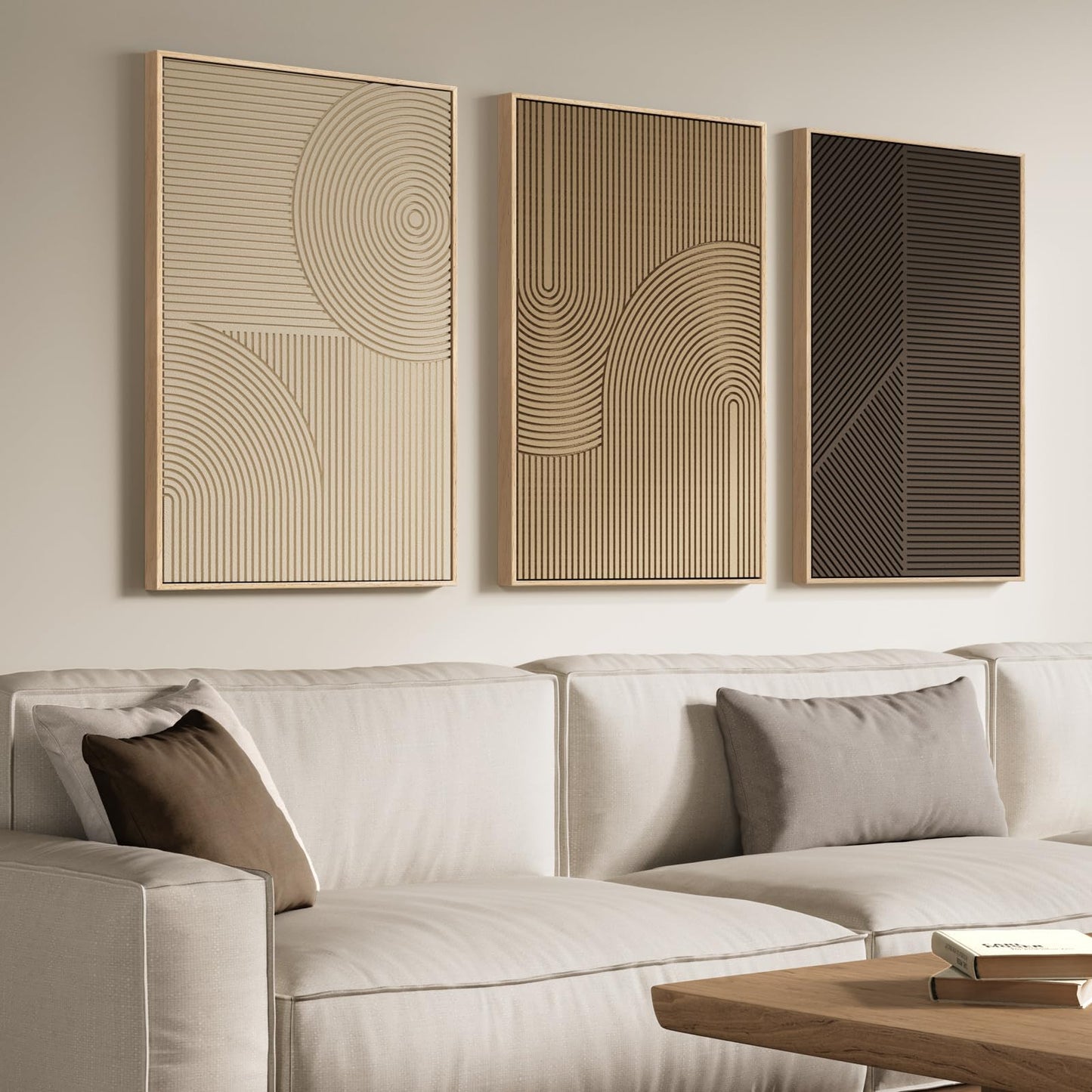3D Textured Framed Abstract Wall Art, 3 Piece Modern Paintings Artwork for Walls, Black White Brown Geometric Sandstone Texture Pictures for Living Room Dining Room Bedroom Office Wall Decor 16x24 In
