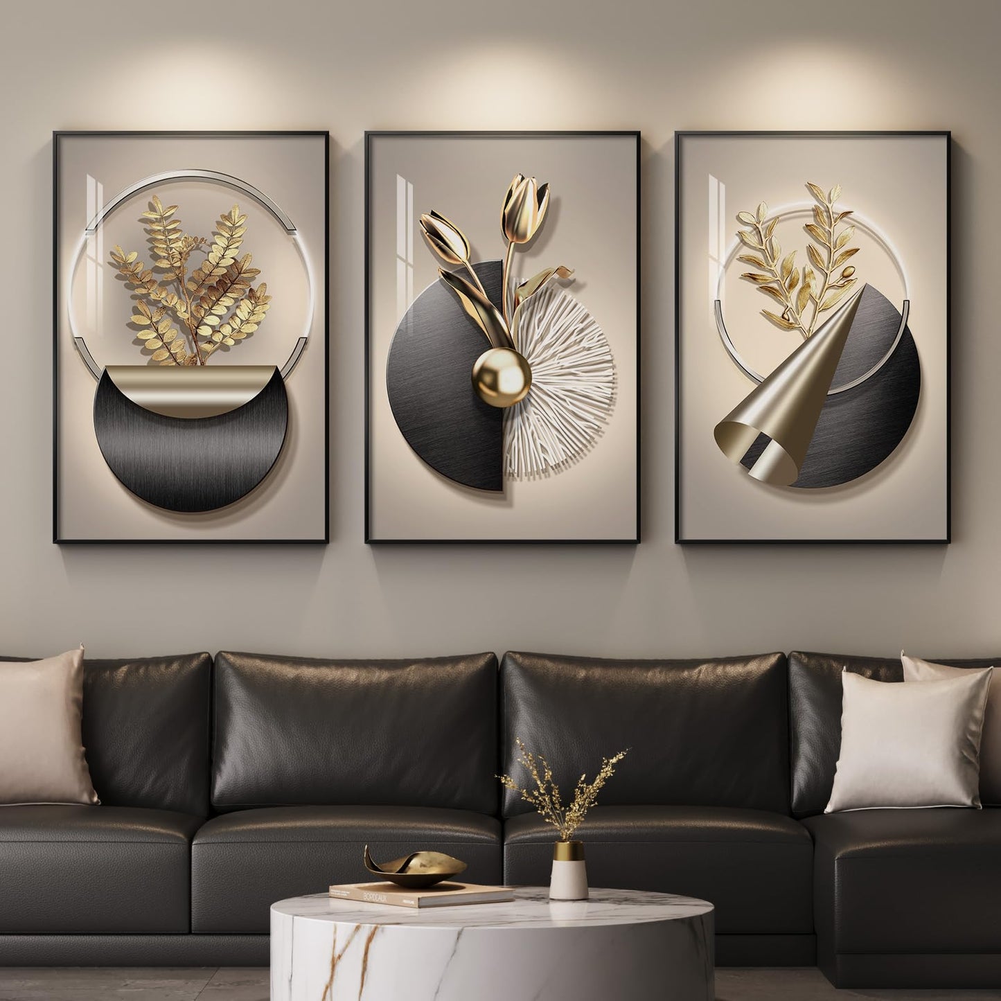 3-Piece 24×36" Gold Geometric Framed Wall Art Luxury Modern Decor for Living Room Office