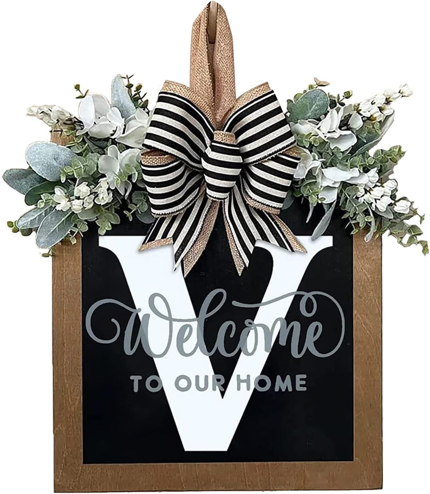 Last Name All Year Round Front Door Wreath with 26 Initial Letter Welcome Sign All Seasons Eucalyptus Garland and Bow ，Farmhouse, Porch, for Spring Summer Fall All Seasons Holiday Halloween Christmas. (M)