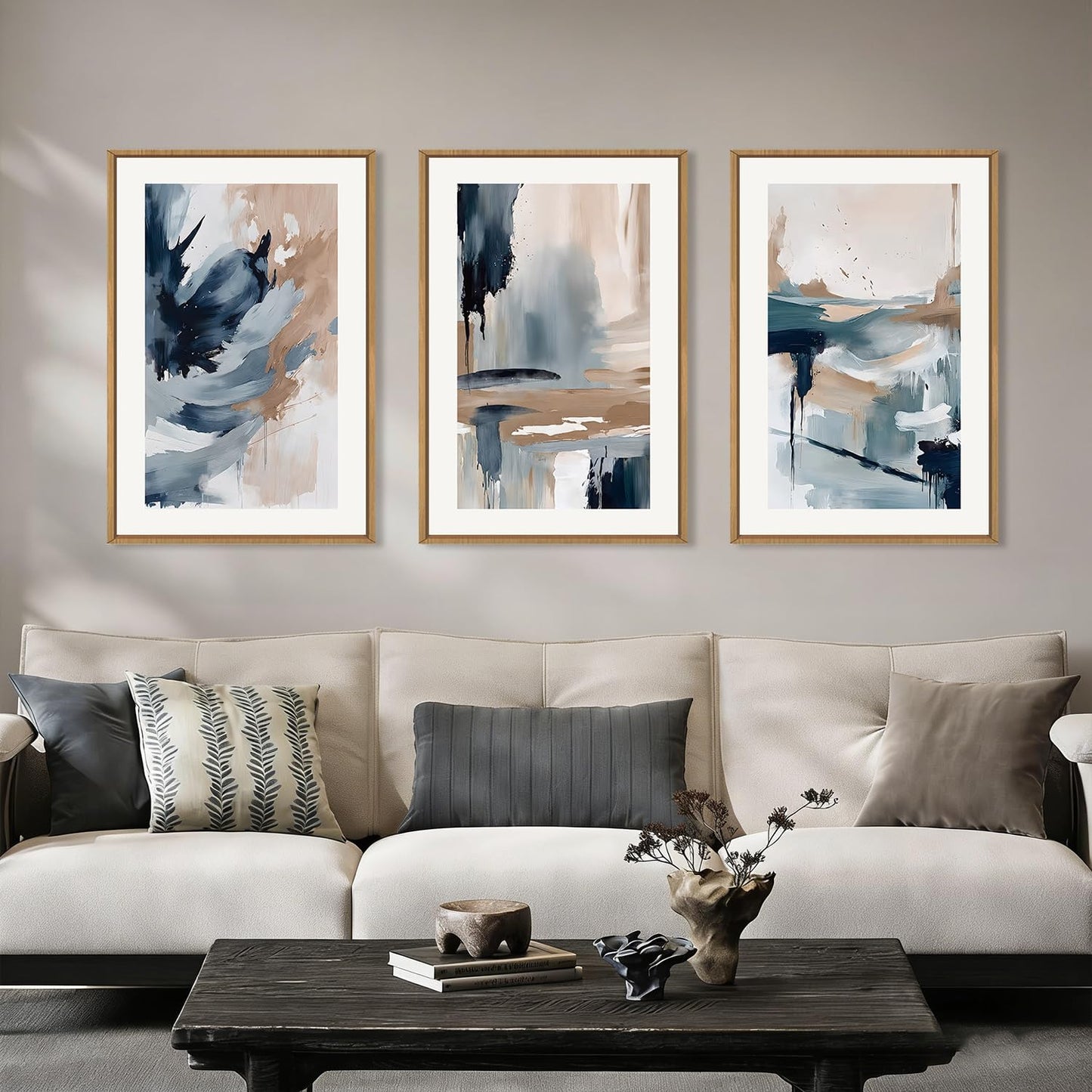 Large Abstract Black and Beige Framed Canvas Wall Art,Minimalist Geometric Lines Wall Decor,Cozy Neutral Shapes Artwork,Modern Lines Dots Art Print for Living Room,Bedroom,Office- 16"x24"x3