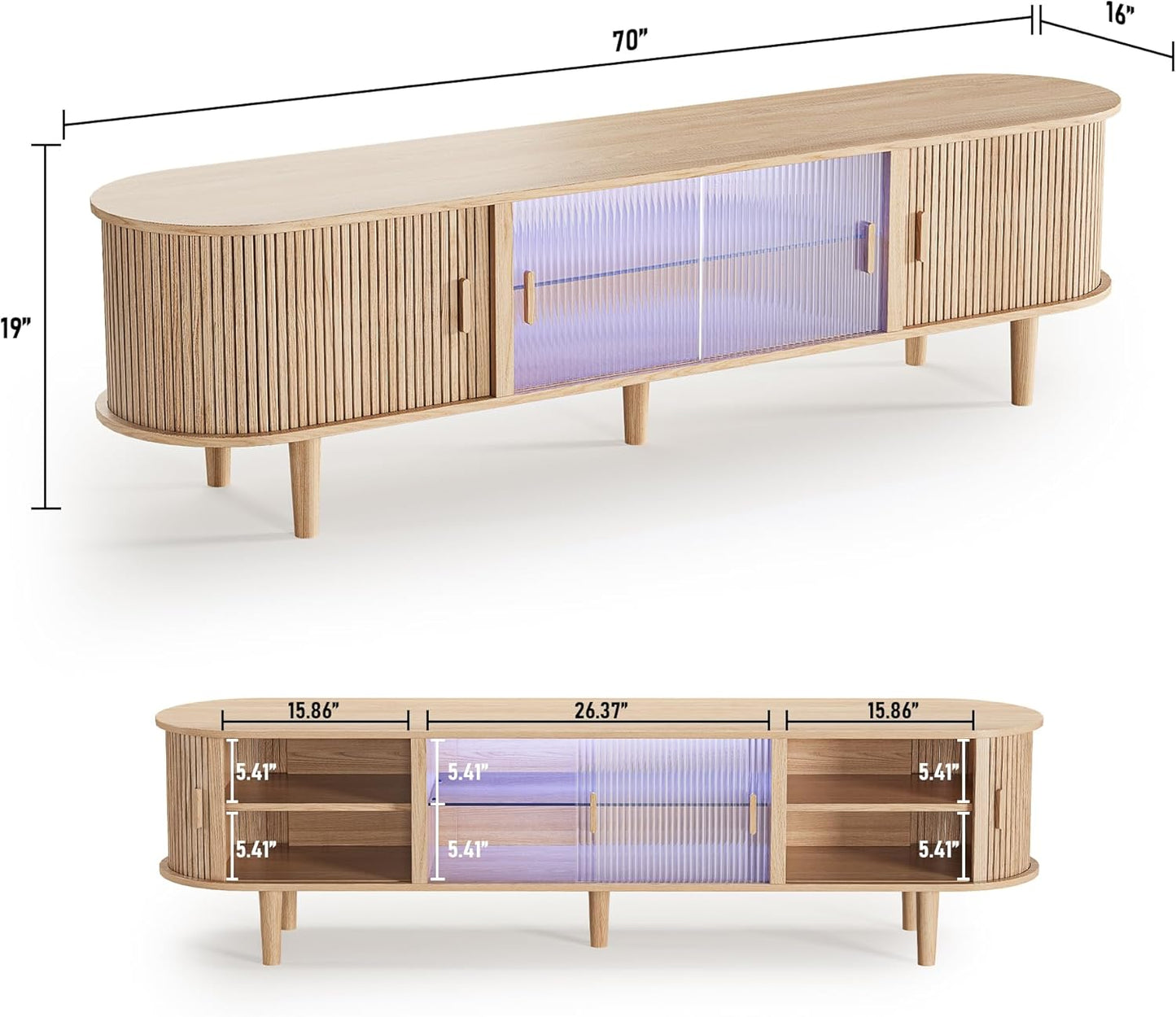 70" Natural Oak Fluted LED TV Stand Fits up to 75" TV with Sliding Doors & Glass Shelf