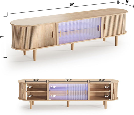 70" Natural Oak Fluted LED TV Stand Fits up to 75" TV with Sliding Doors & Glass Shelf