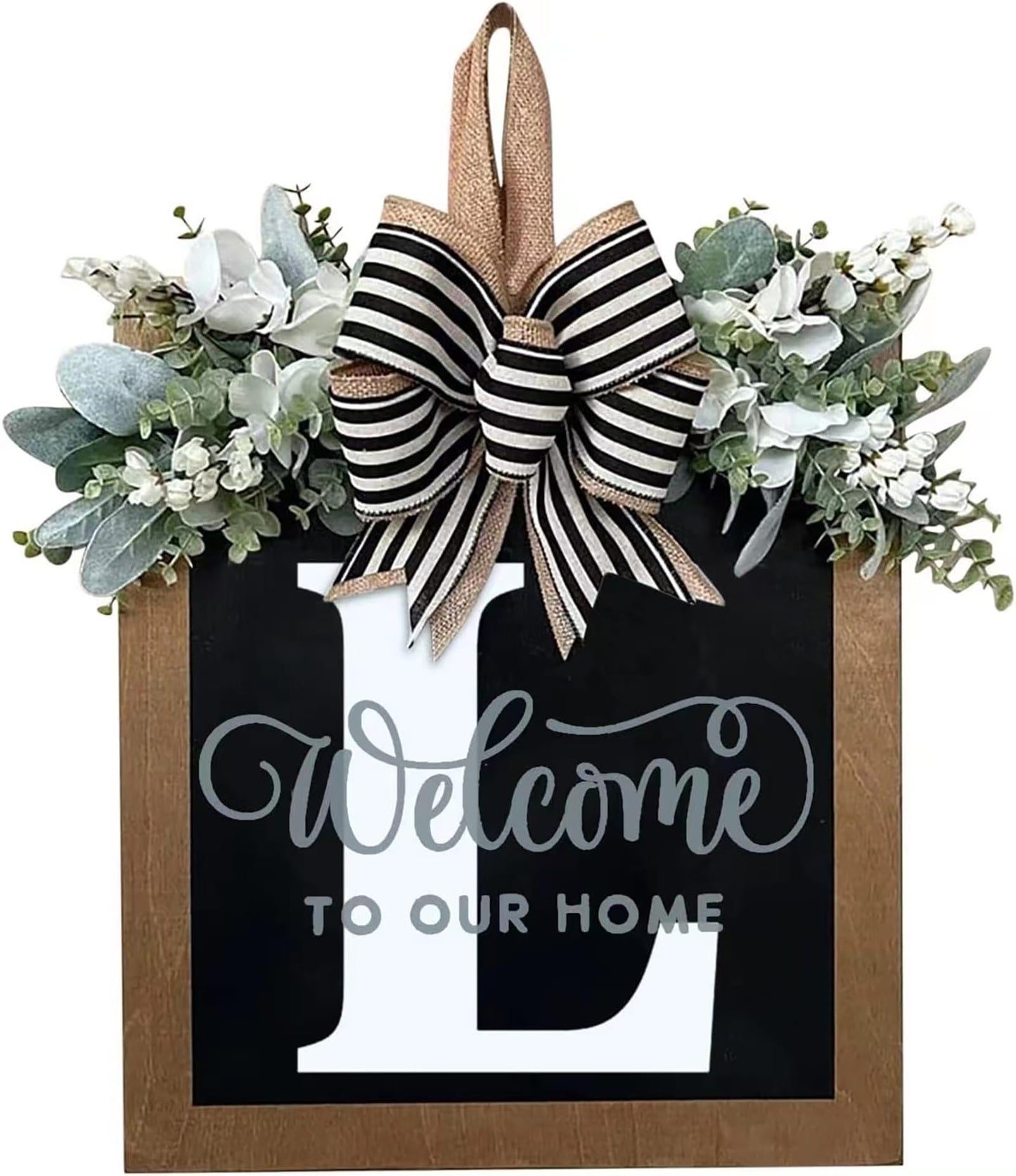 Last Name All Year Round Front Door Wreath with 26 Initial Letter Welcome Sign All Seasons Eucalyptus Garland and Bow ，Farmhouse, Porch, for Spring Summer Fall All Seasons Holiday Halloween Christmas. (M)
