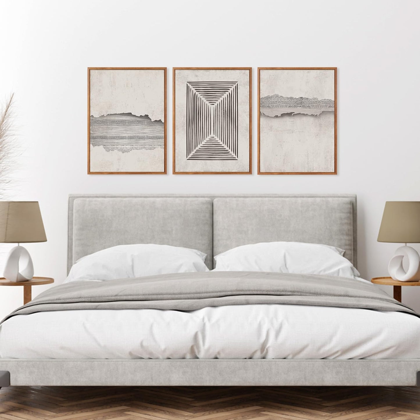 CHDITB Abstract Minimalist Framed Canvas Wall Art Set Of 3, Modern Mid Century Wall Decor, Geometric Line Textured Inspired Artwork, Neutral Art Print For Living Room Office Bedroom Decor (12X16 Inch)
