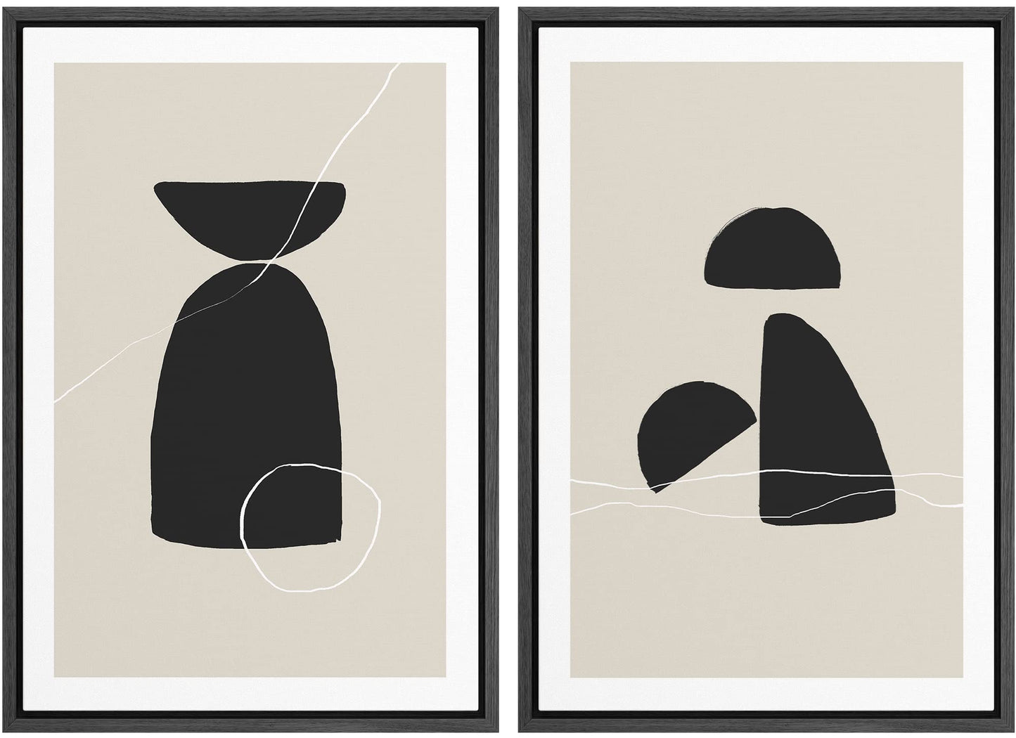 SIGNWIN Framed Canvas Print Wall Art Set Geometric Mid-Century Spiral Collage Abstract Shapes Cozy Neutral Minimal Decorative Nordic Zen Bohemian for Living Room, Bedroom, Office - 16"x24"x2 Black