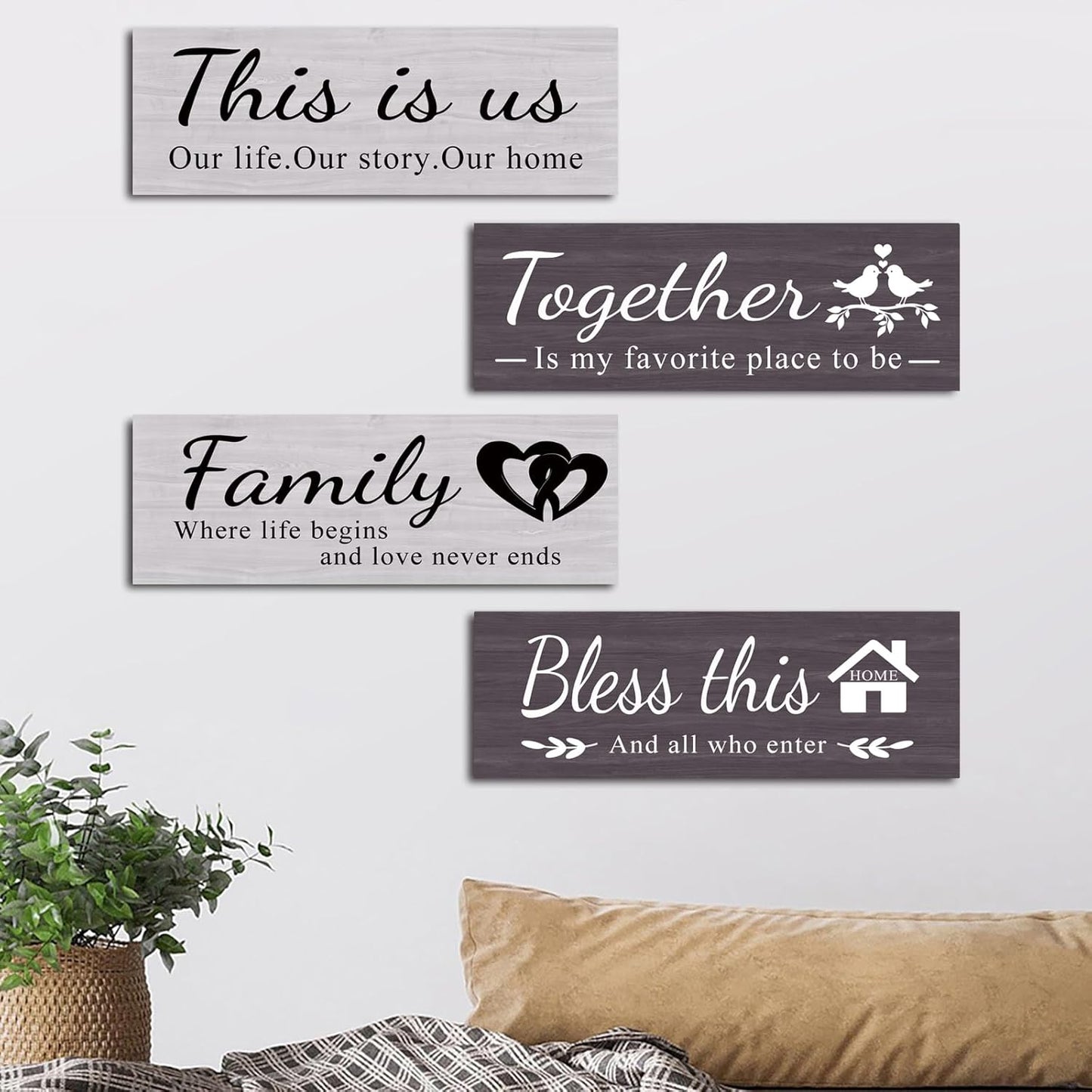 4 pcs home wall decor house decor "THIS IS US/TOGETHER/BLESS THIS HOME/FAMILY", wall decor living room family sign Rustic Wooden Farmhouse Art 13.8x4.72inch